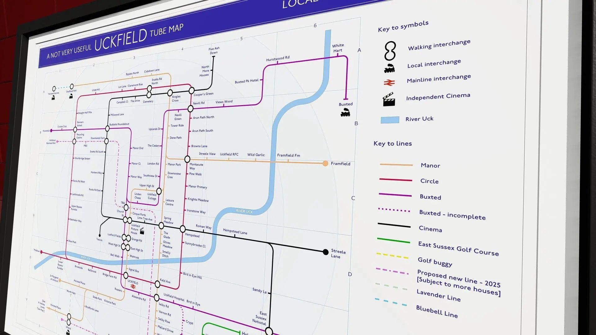 Uckfield Tube Map in A2 landscape unframed, Giclée Sussex wall art print of the market town&