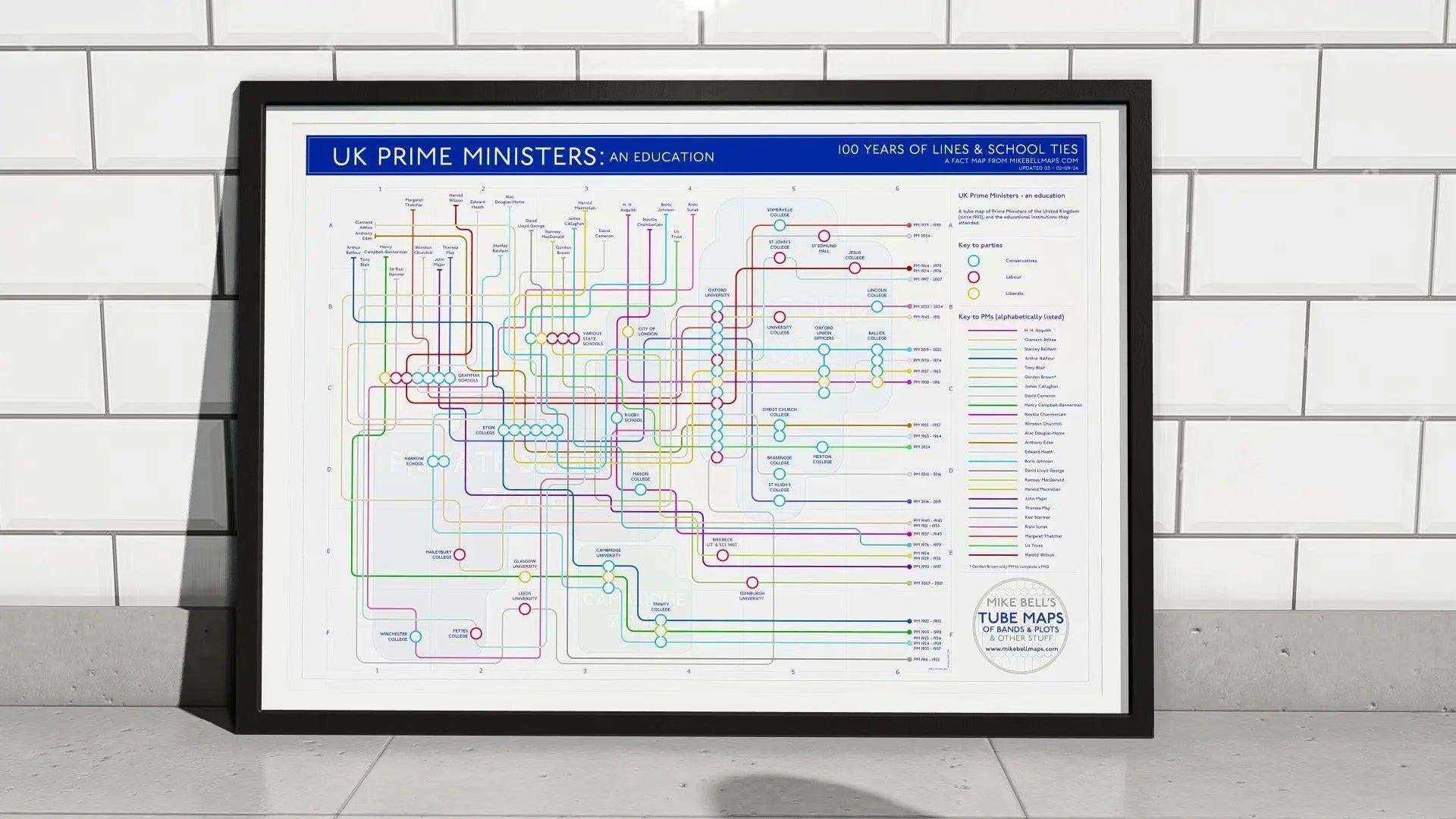 UK Prime Ministers Education map political wall art print in a black A1 landscape frame, hung on a feature wall, showing every modern PM&