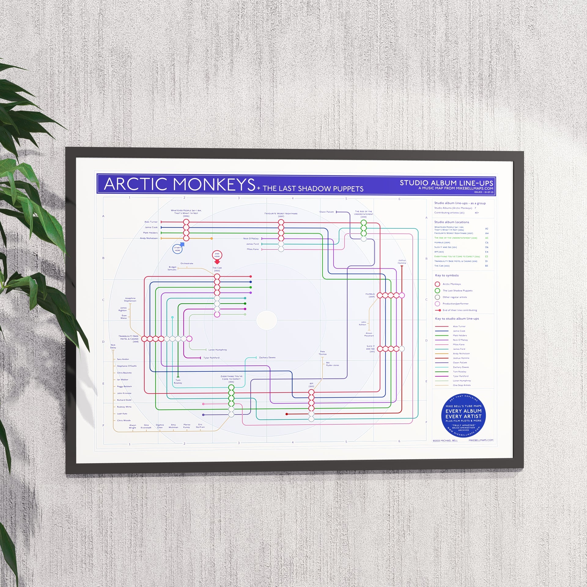 Ideal gift for Arctic Monkeys fans - A1 framed Giclée discography tube map hung on a wall, designed by Mike Bell.