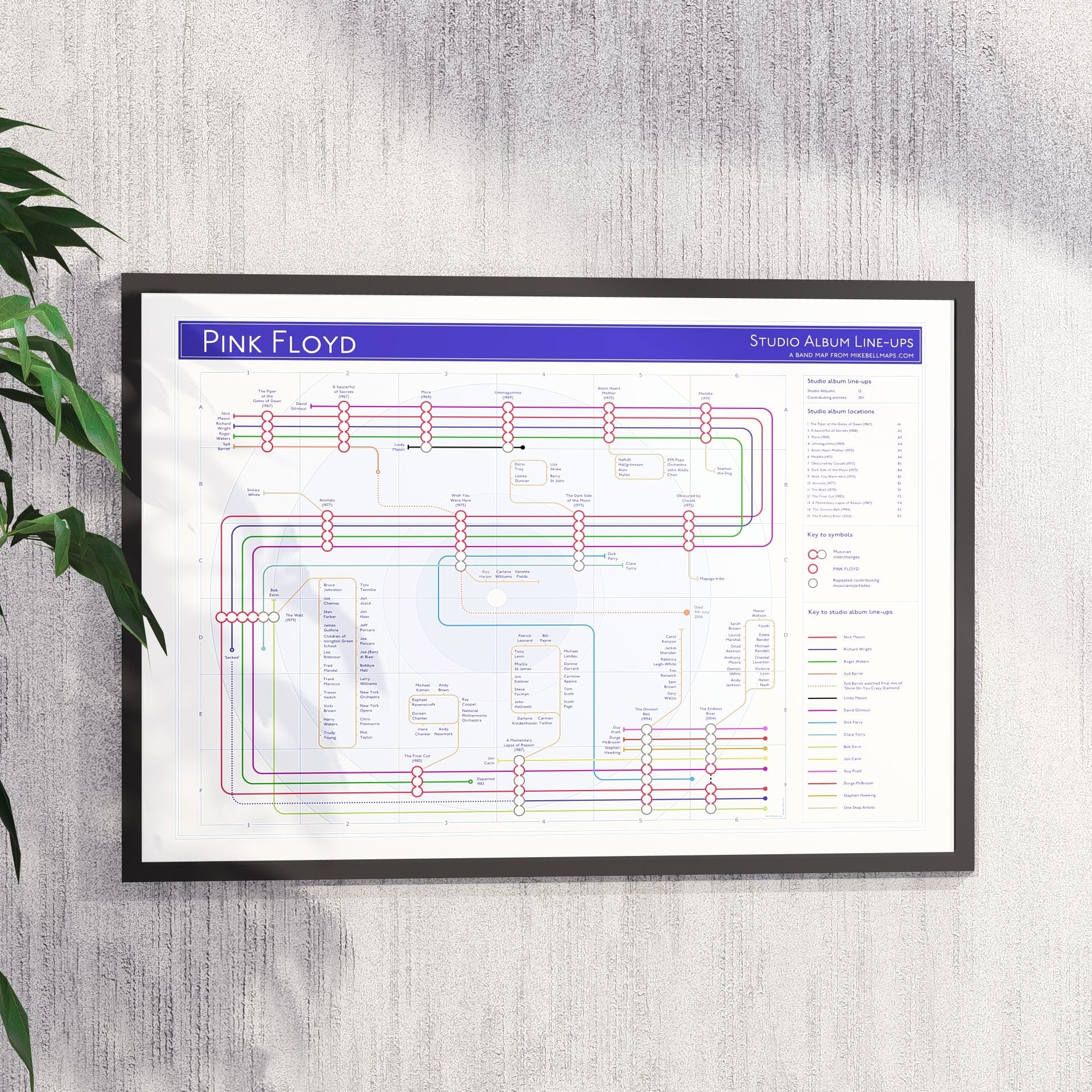 Ideal gift for Pink Floyd fans - A1 framed Giclée discography tube map hung on a wall, designed by Mike Bell.