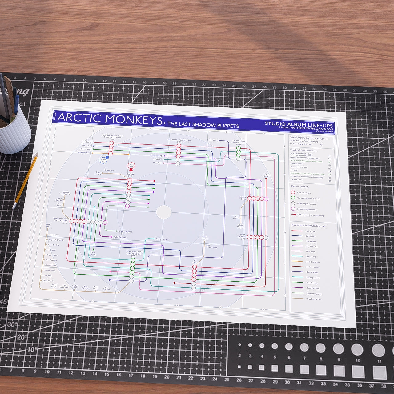 Arctic Monkeys discography tube map in A1 (594x841mm, 24x36in) unframed, Giclée art print on 230gsm textured matte fine art paper, by Mike Bell.