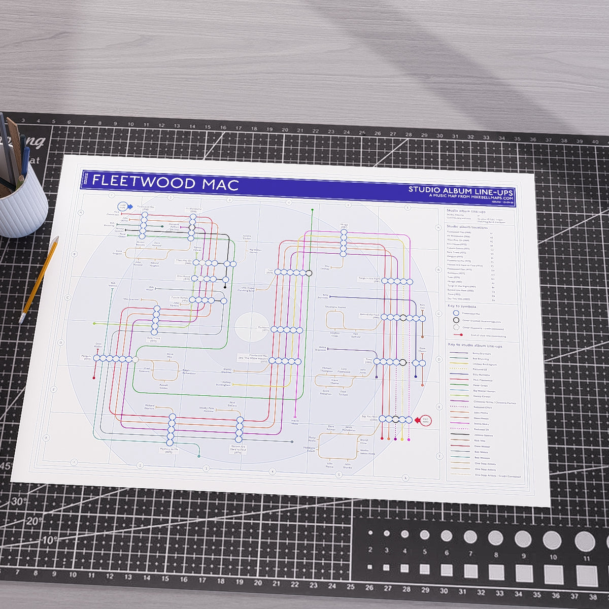 Fleetwood Mac discography tube map in A1 (594x841mm, 24x36in) unframed, Giclée art print on 230gsm textured matte fine art paper, by Mike Bell.
