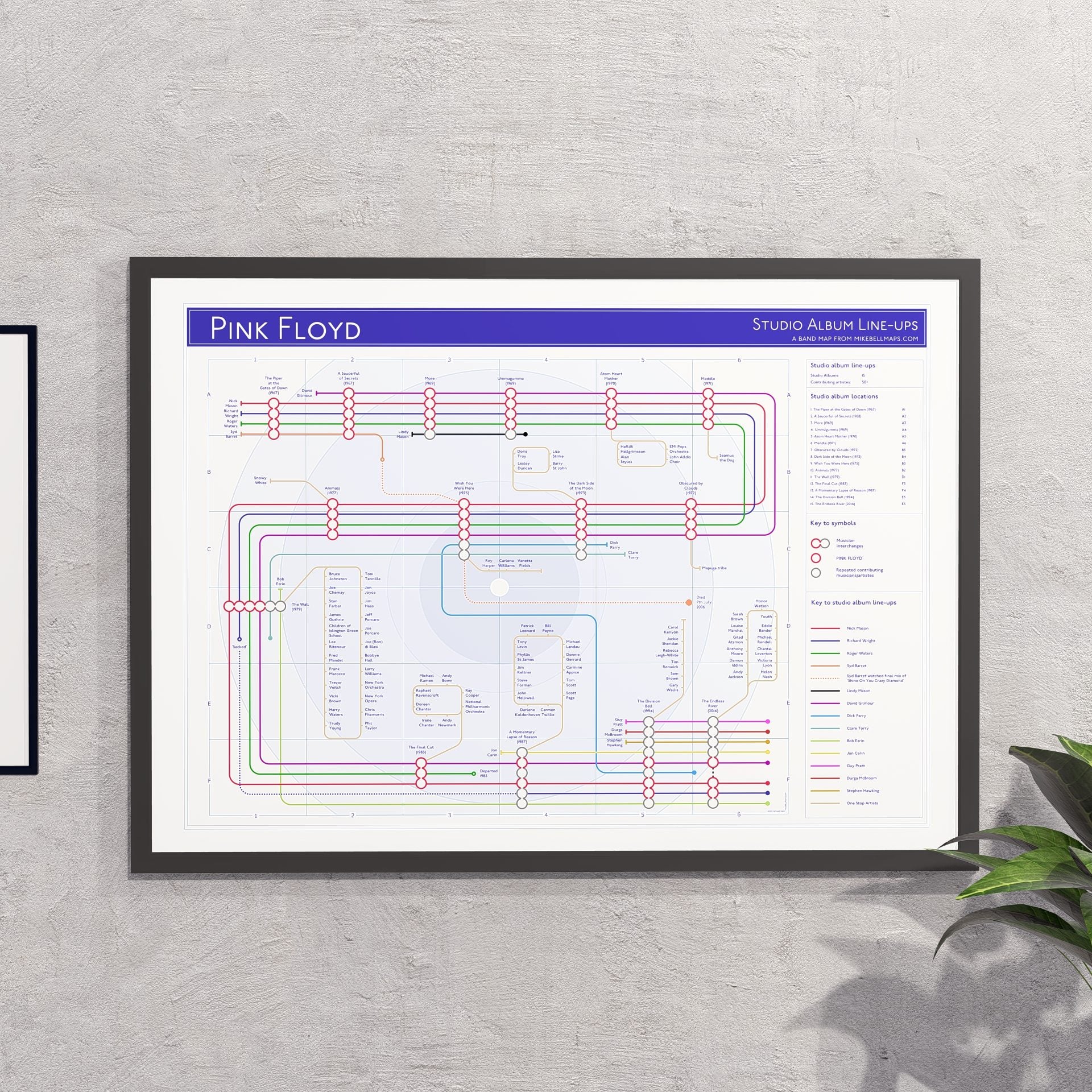 Gift for Pink Floyd fans - A2 (420x594mm, 18x24in) framed Giclée discography tube map wall art print, designed by Mike Bell.