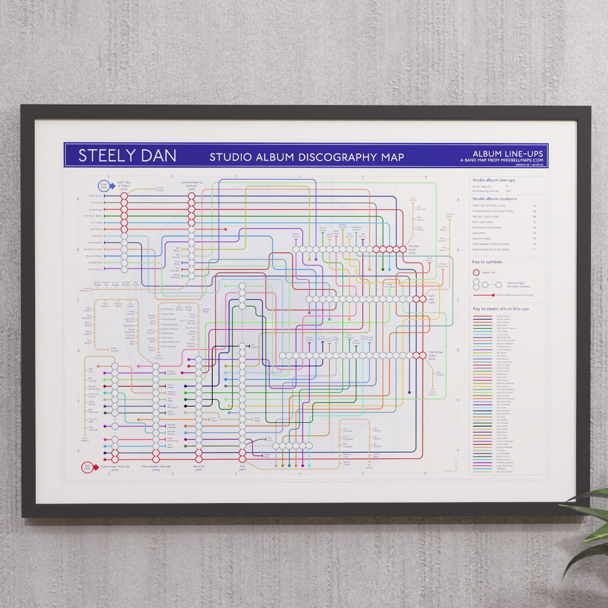 Steely Dan discography tube map in A2 (594 x 420 mm), framed Giclée wall art print in a black wooden frame, designed by Mike Bell.