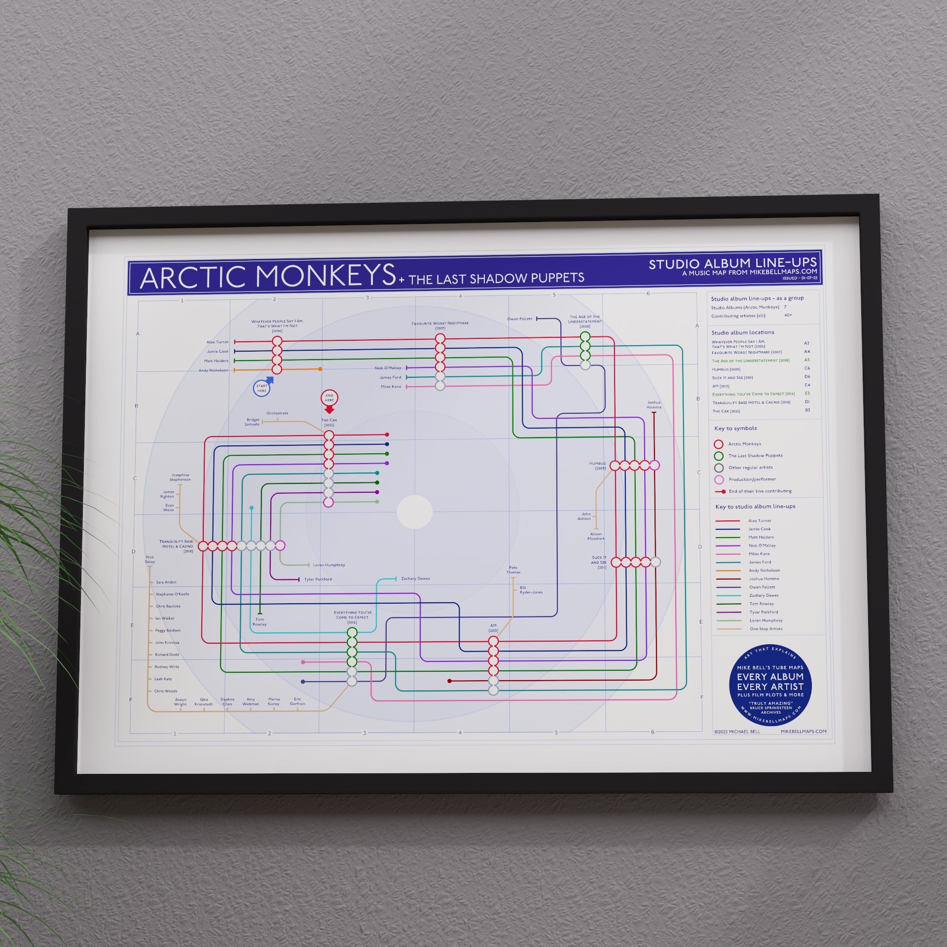 Arctic Monkeys discography map Giclée print, landscape format, showing every studio album and credited musician, designed by Mike Bell.