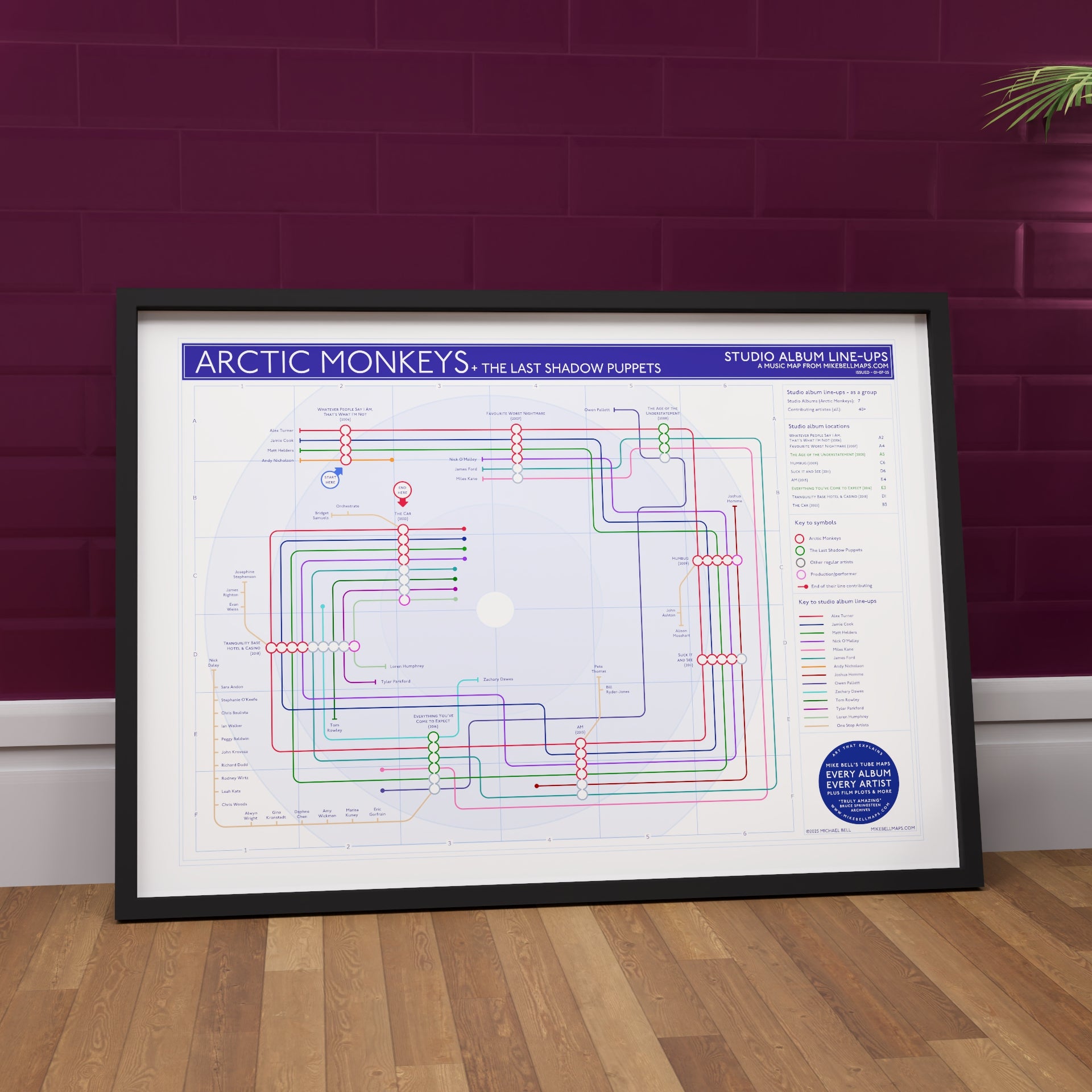 Arctic Monkeys discography map, framed landscape Giclée wall art print by Mike Bell at mikebellmaps.com.