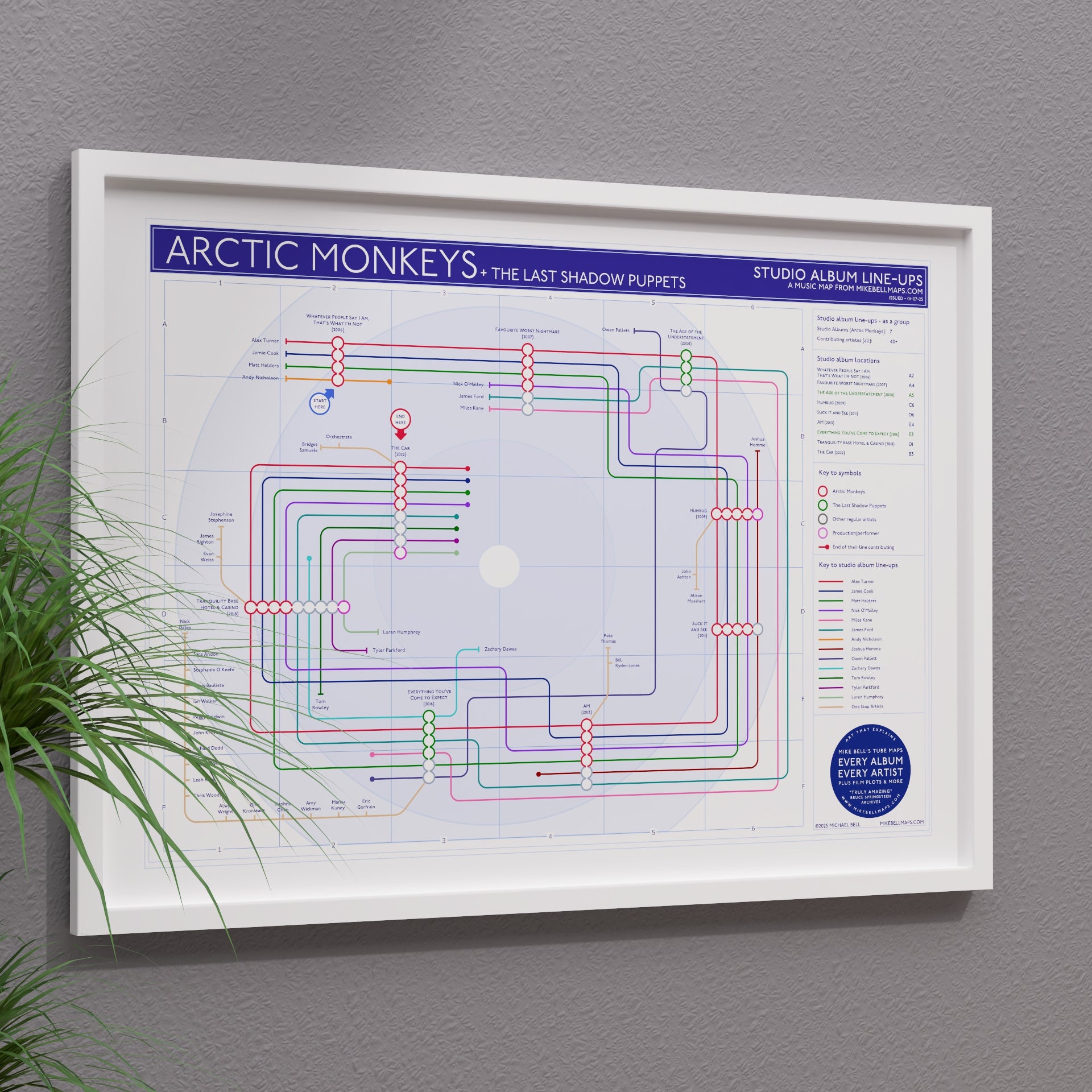 Detail of the Arctic Monkeys discography map timeline from Whatever People Say I Am in 2006 to The Car in 2022, designed by Mike Bell.