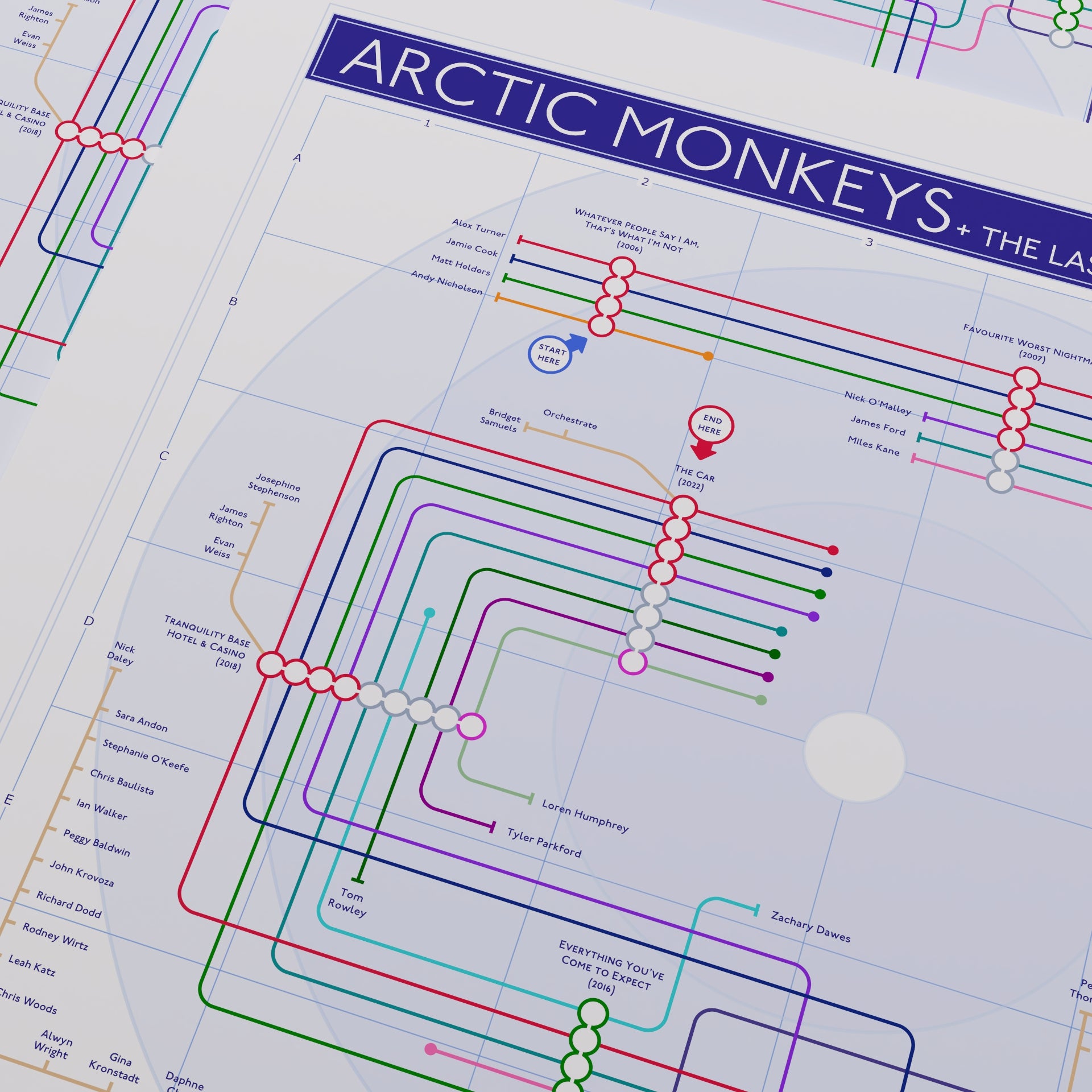 Arctic Monkeys studio albums map styled in a landscape frame on an interior wall, Giclée print designed by Mike Bell.