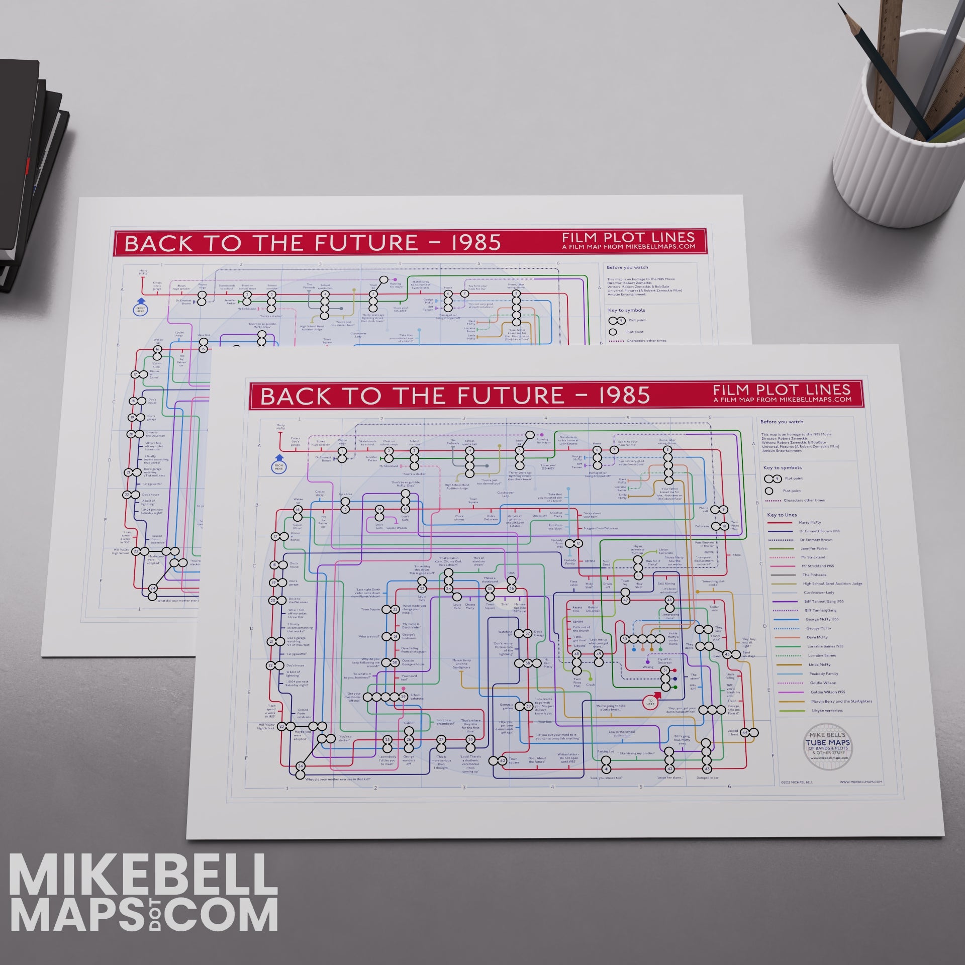 Back to the Future plot map shown framed in two sizes, landscape Giclée film wall art print by Mike Bell.