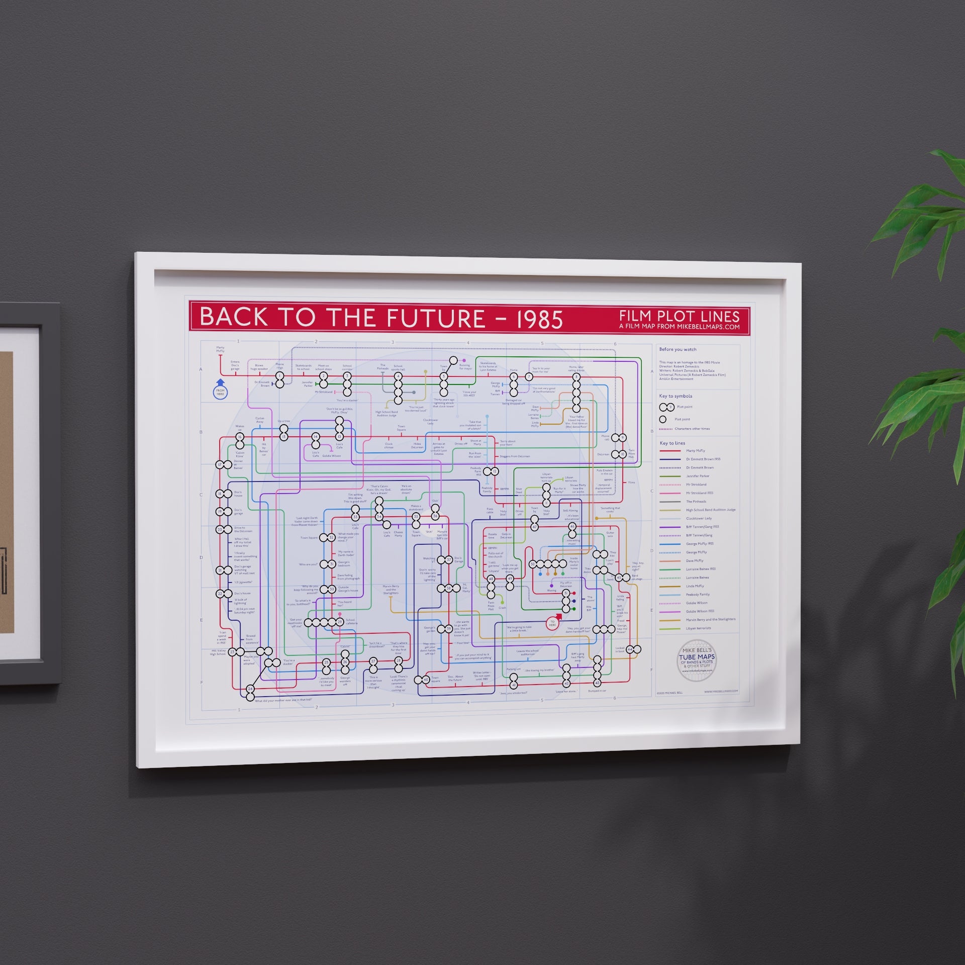 Back to the Future plot map framed on a wall, landscape Giclée film wall art print by Mike Bell.