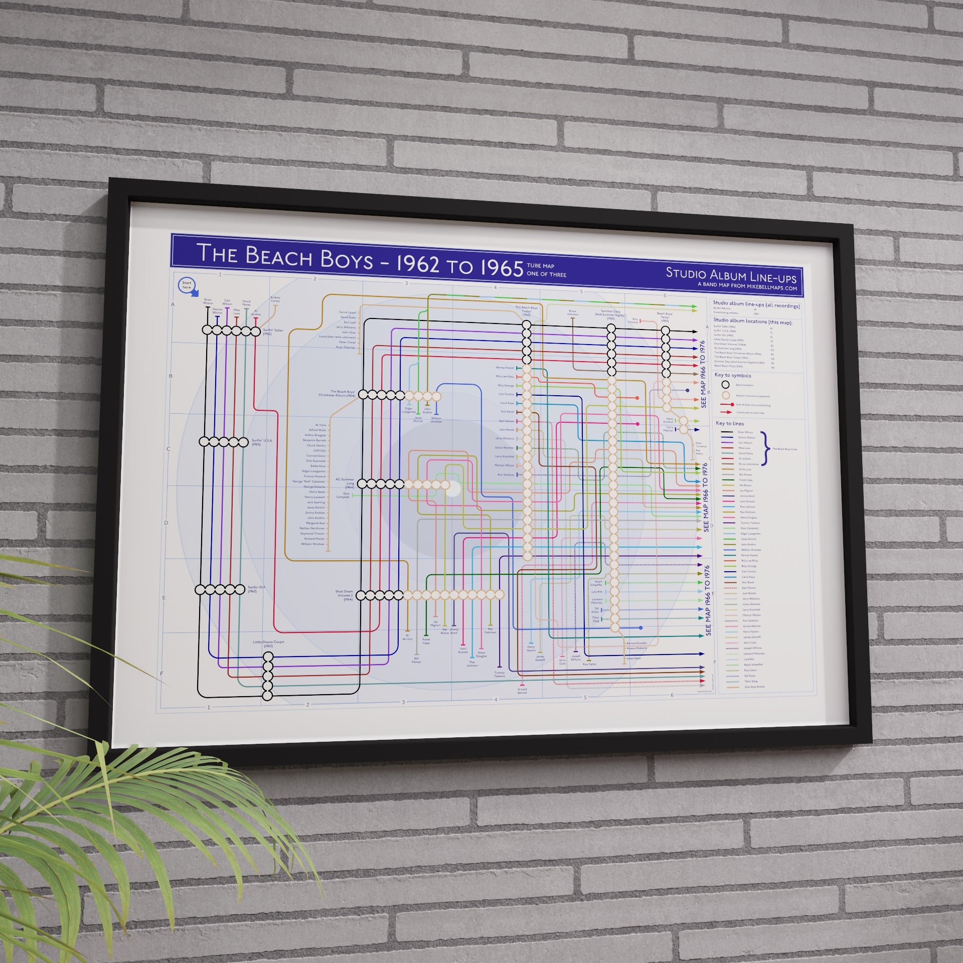 Beach Boys discography map Part One framed on a wall showing every studio album in order, designed by Mike Bell.
