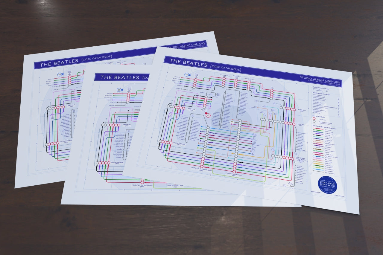 Detail of The Beatles discography tube map print, focusing on Sgt. Pepper’s Lonely Hearts Club Band and Magical Mystery Tour album stations.