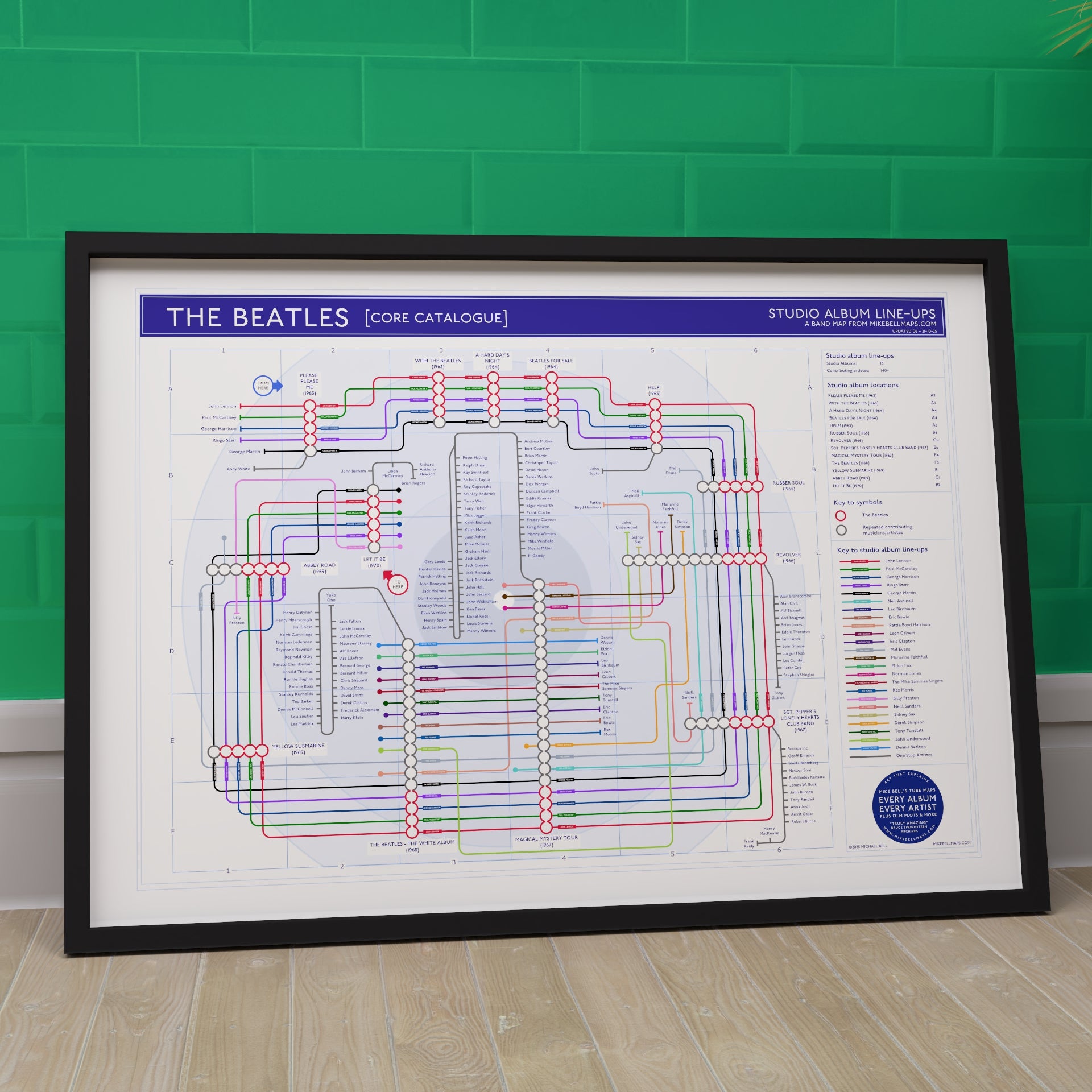 The Beatles discography map framed and leaning against a wall, landscape Giclée wall art print by Mike Bell.
