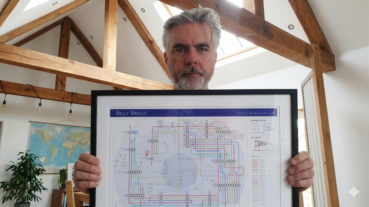 Mike Bell holding a framed Billy Bragg Discography music map in his studio in Sussex