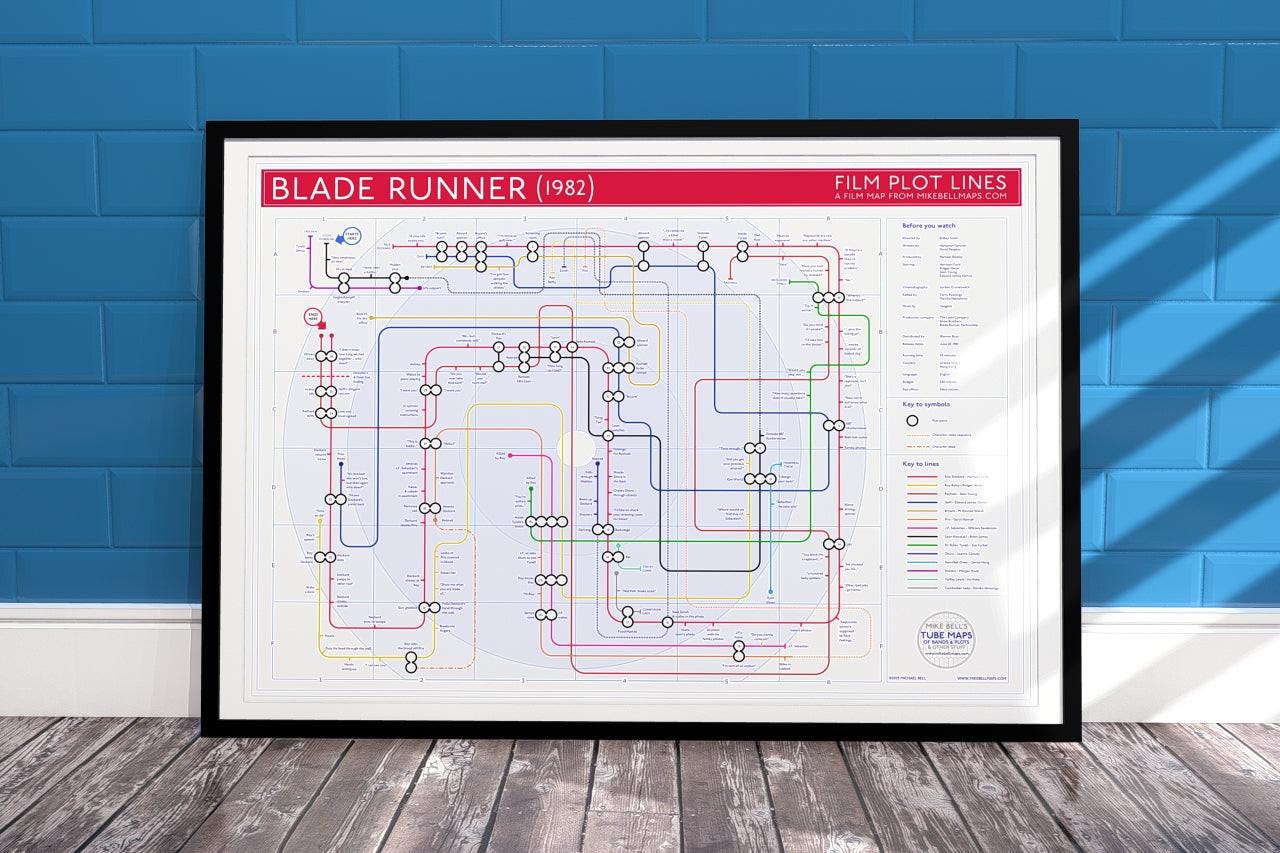 Blade Runner plot map film wall art print with red header in a black A1 landscape frame, hung on a feature wall, showing the full 1982 Ridley Scott film as a tube map of characters and plot points, designed by Mike Bell at mikebellmaps.com.