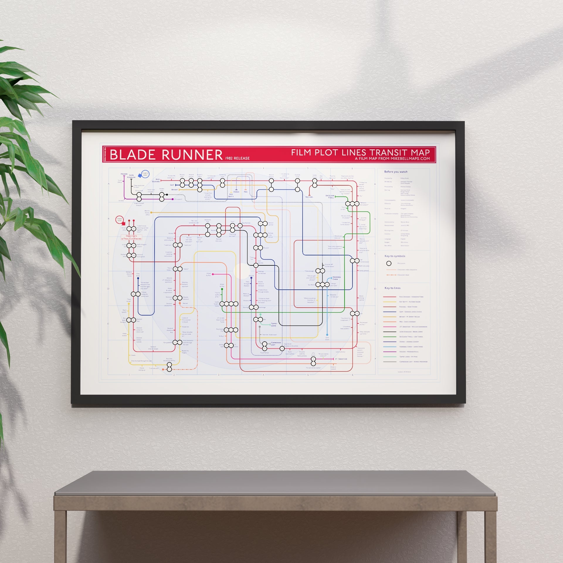 Blade Runner movie plot lines map in A1 size, framed Giclée wall art print in black handmade Italian solid wood frame by Mike Bell.