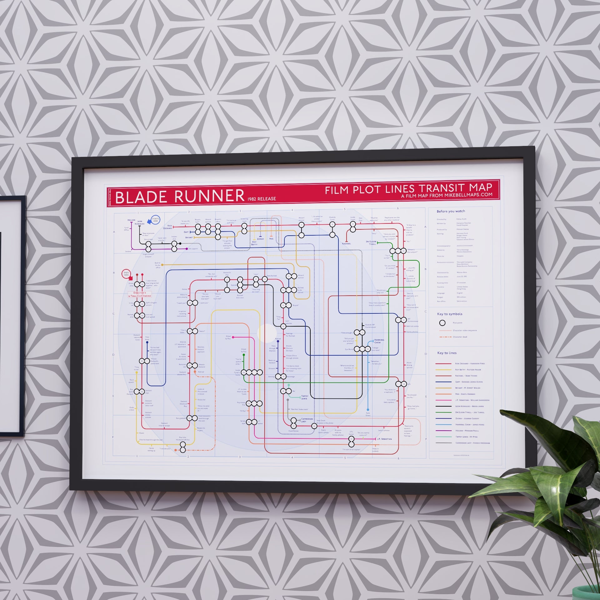 Blade Runner movie plot lines map in A2 size, framed Giclée wall art print in black handmade Italian solid wood frame by Mike Bell.