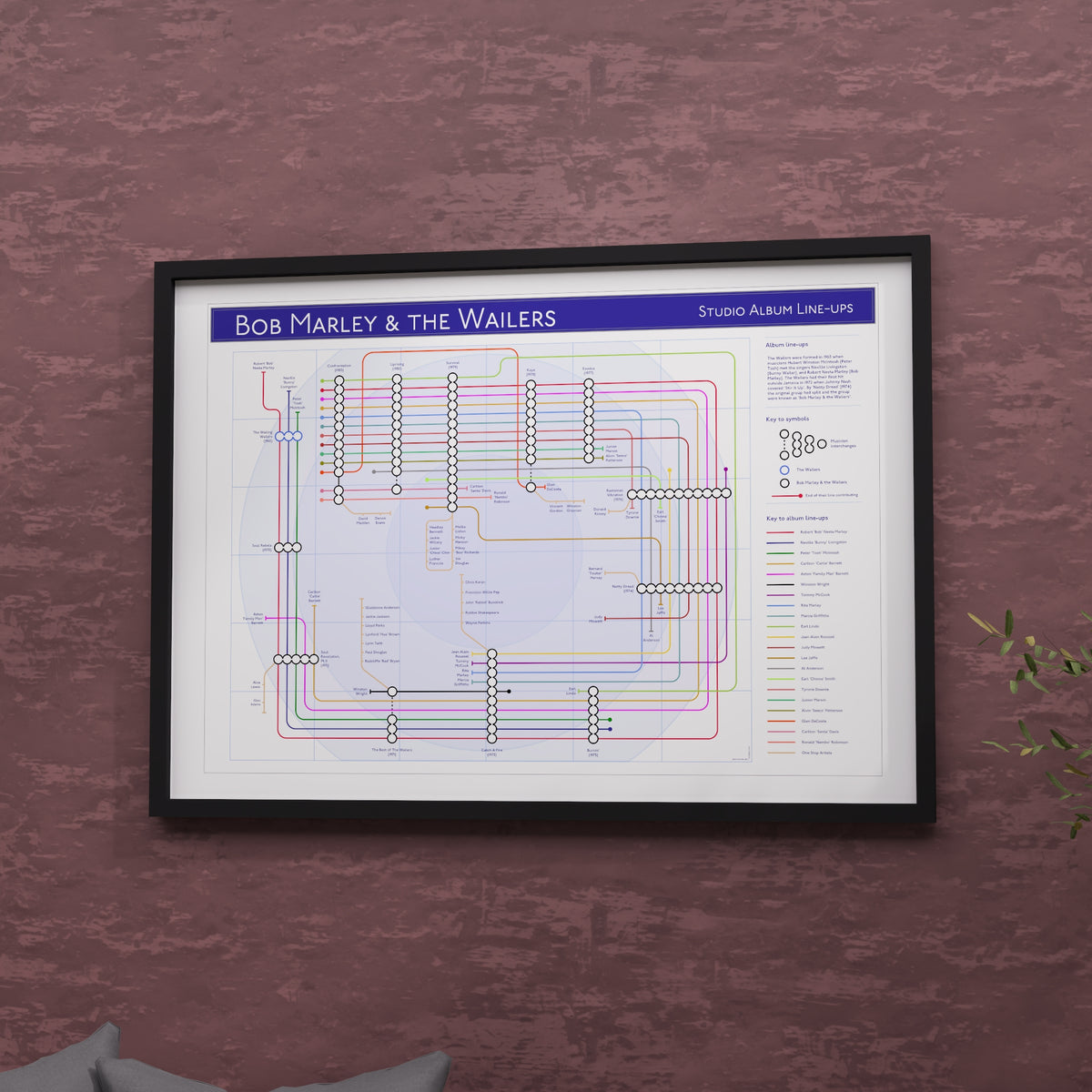 Bob Marley discography map in A2 size, framed Giclée wall art print in a wooden frame by Mike Bell.