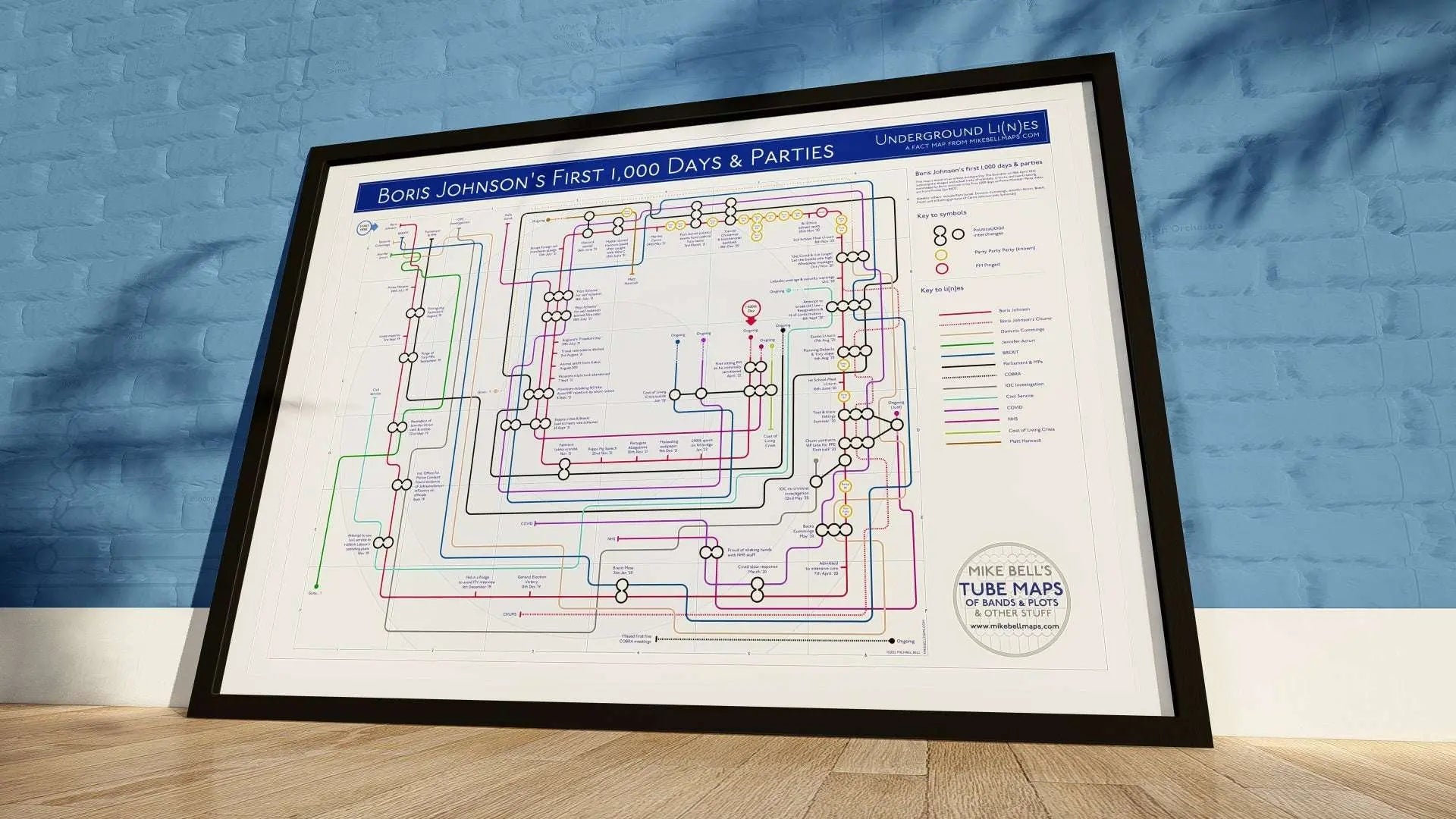 Creative poster visualizing Boris Johnson’s falsehoods in a colourful tube map layout