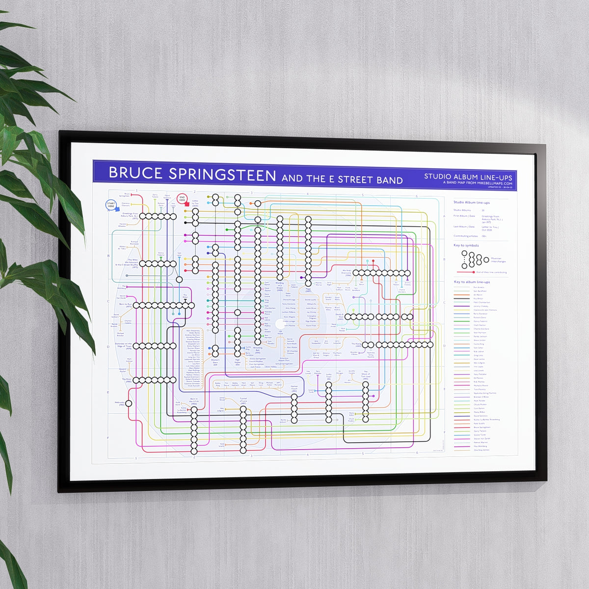 Ideal gift for Bruce Springsteen fans - A1 framed Giclée music art print hung on a feature wall. The same discography tube map is held at the Bruce Springsteen Archives and Center for American Music, Monmouth University. Designed by Mike Bell.