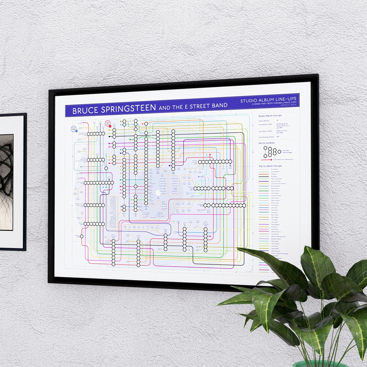 Bruce Springsteen discography map in A2 size, framed Giclée wall art print in a wooden frame by Mike Bell.