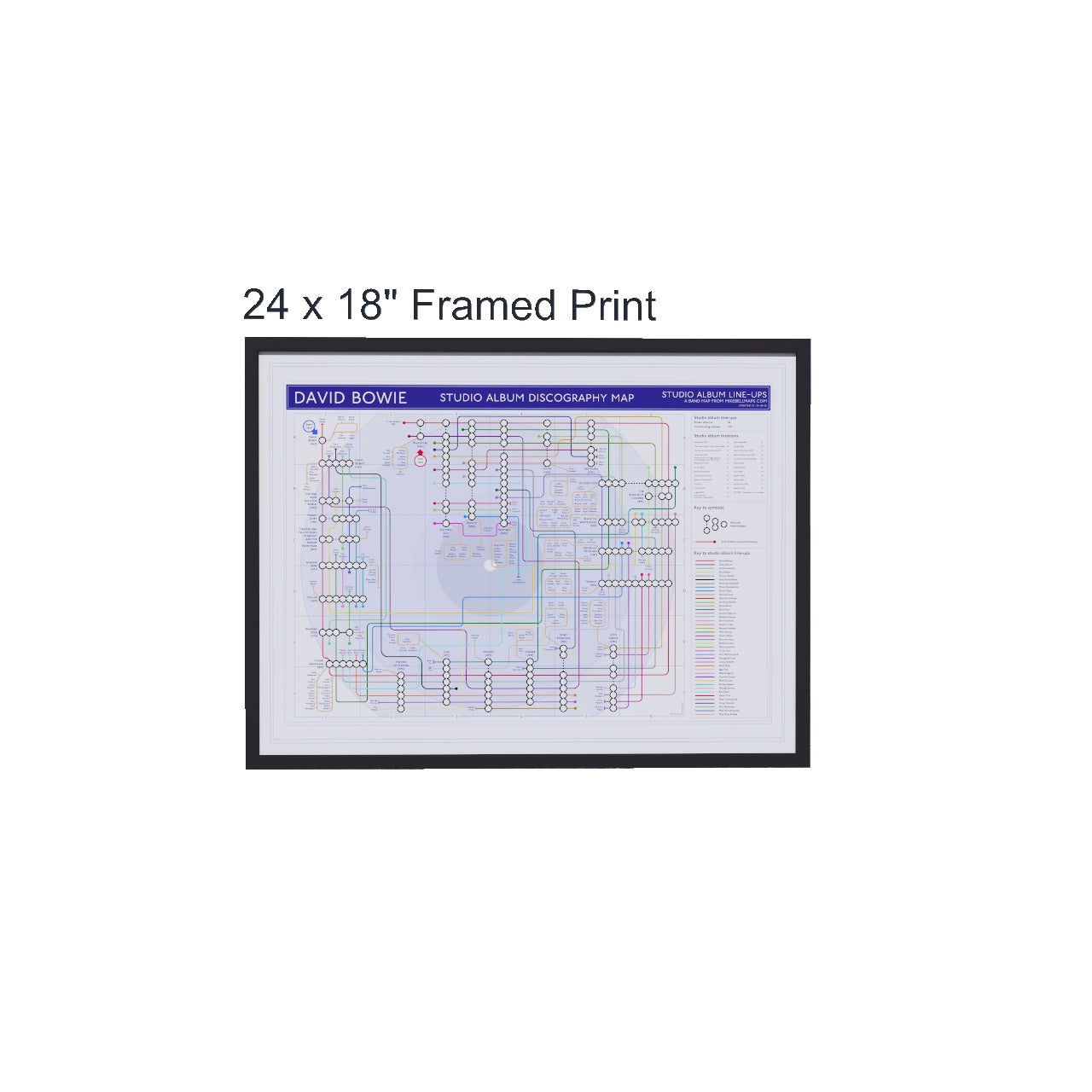 David Bowie discography tube map in 24x18in size (A2 equivalent), framed Giclée wall art print in handmade Italian solid wood frame by Mike Bell.