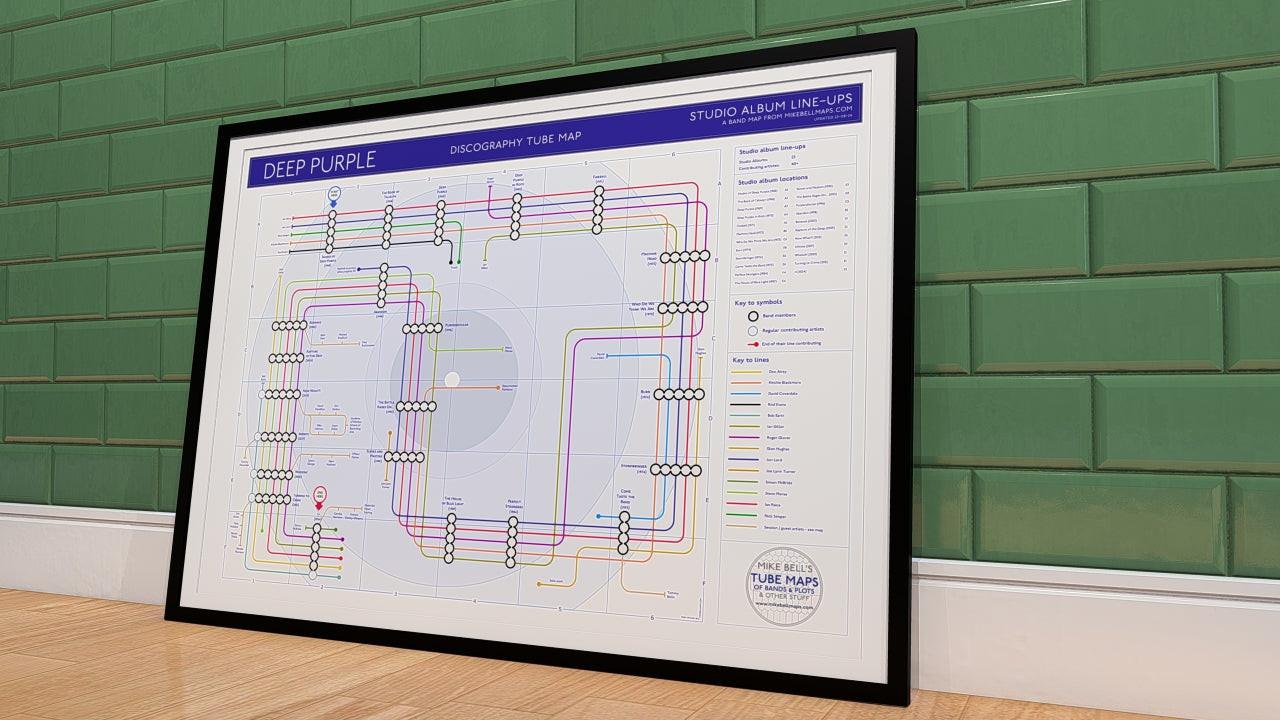 Deep Purple albums in order music map in A2 landscape unframed, Giclée wall art print from Mike Bell&