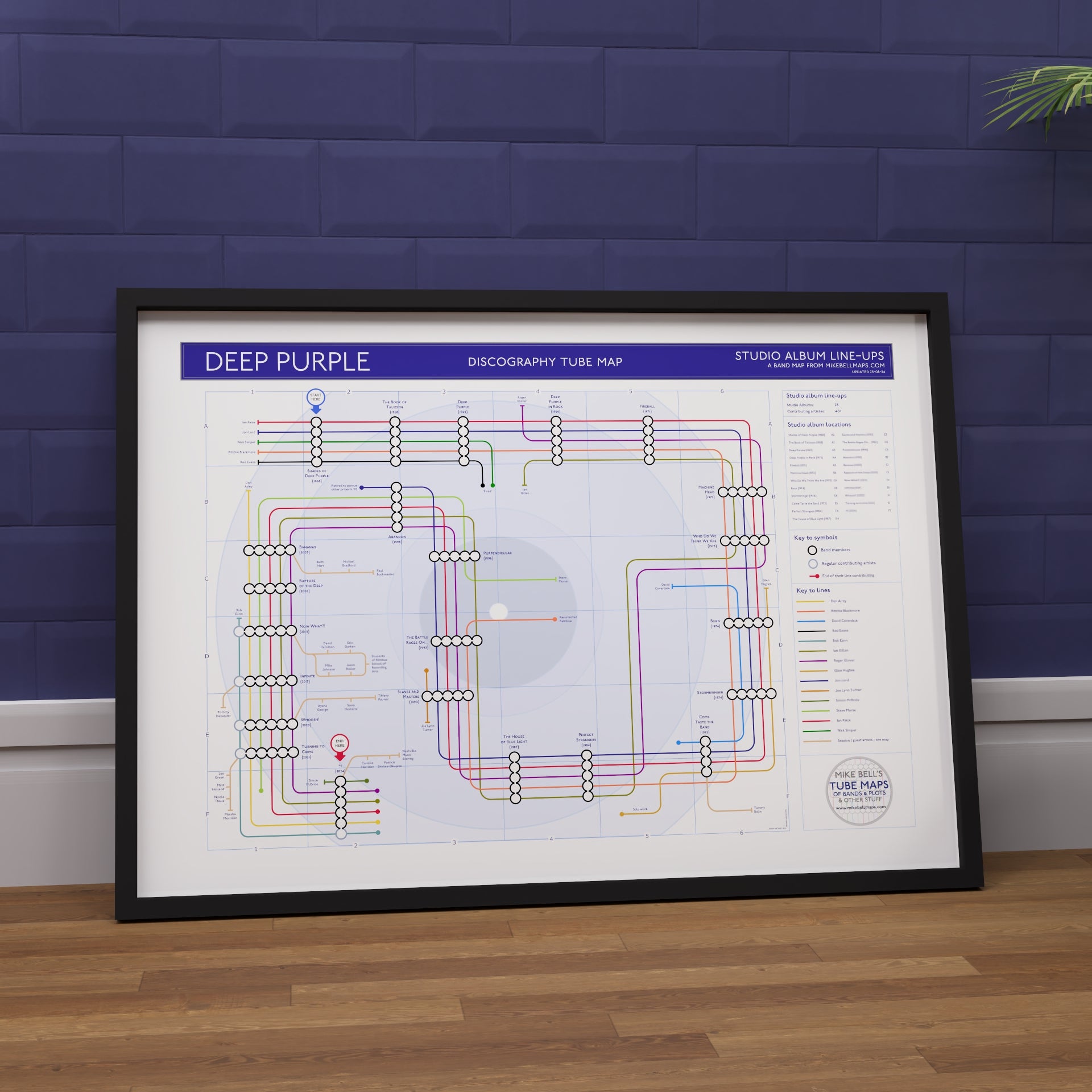 Deep Purple albums in order music map in A2 landscape unframed, Giclée wall art print from Mike Bell&
