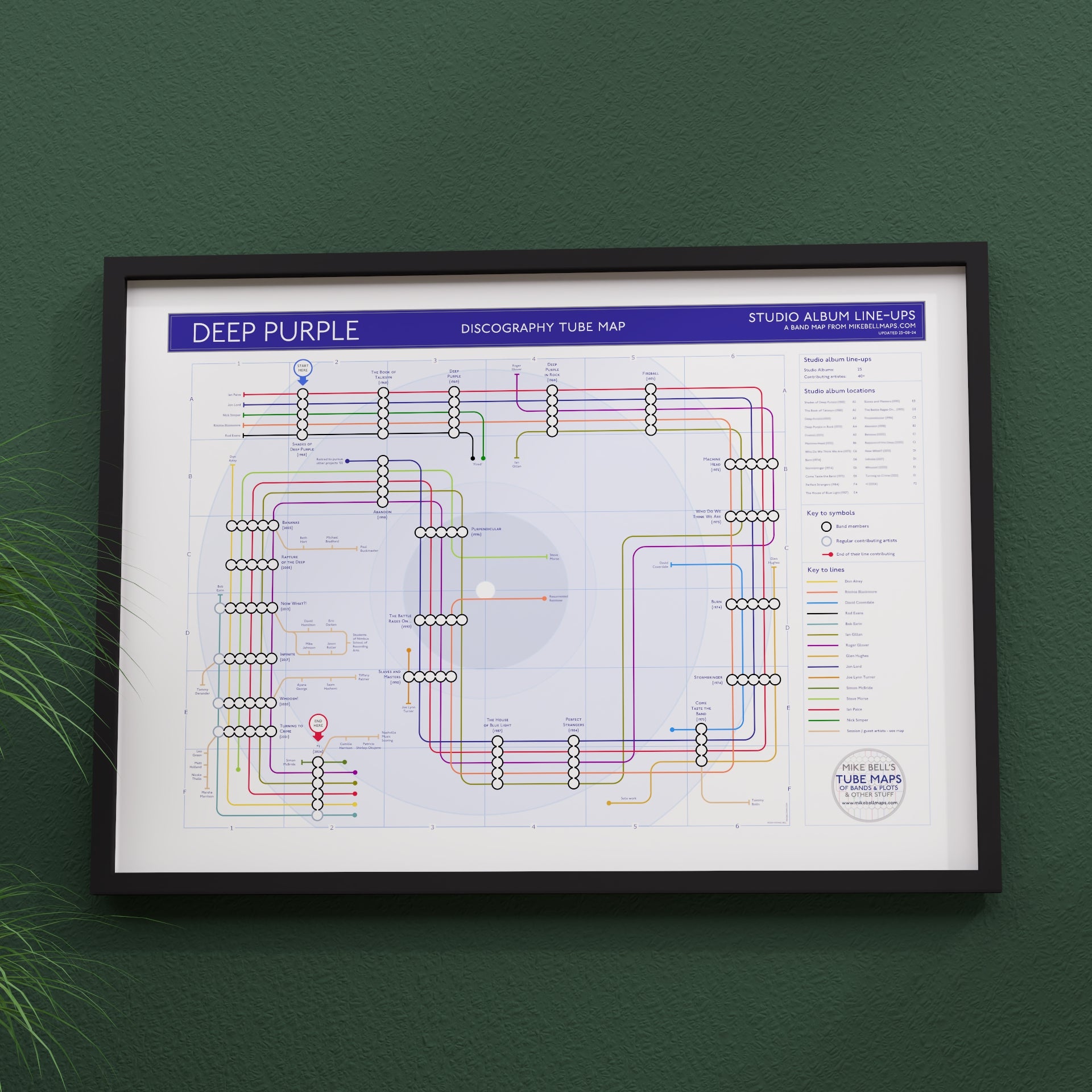 Deep Purple discography map wall art print in a black A1 landscape frame, hung on a feature wall, showing every studio album in order across every Mark line-up, designed by Mike Bell at mikebellmaps.com.