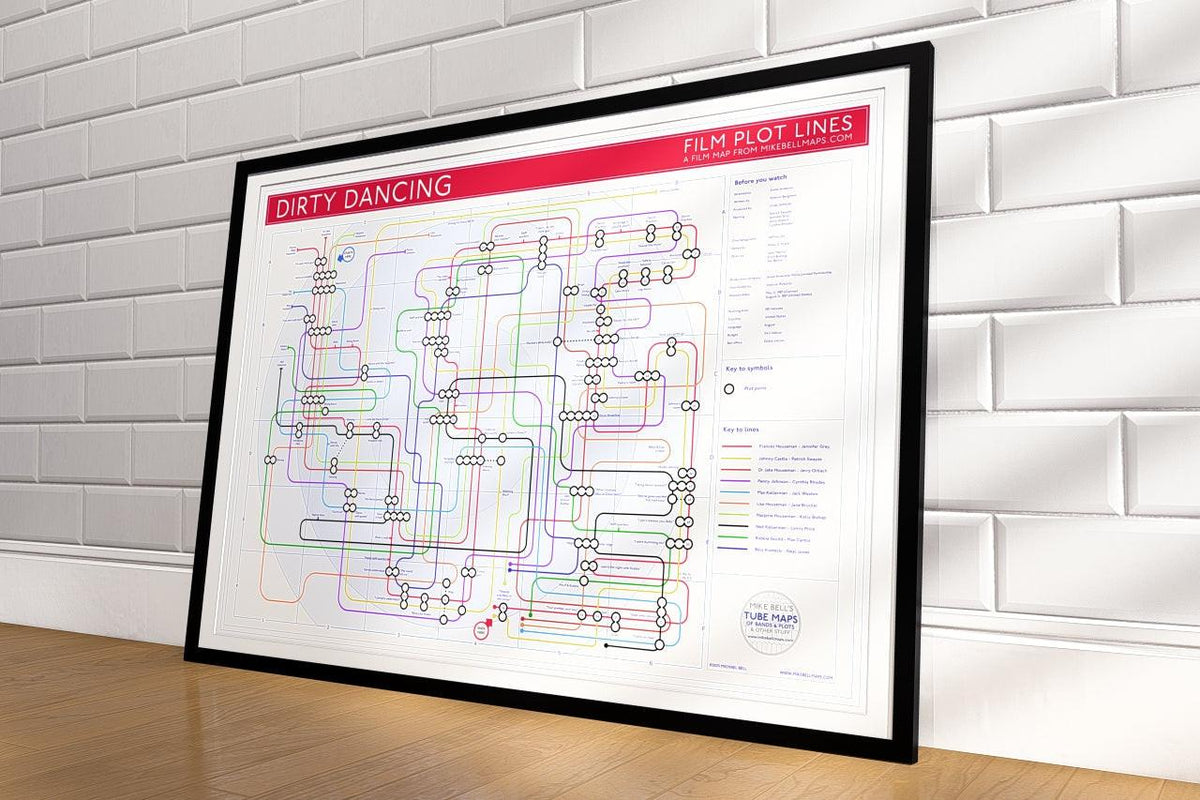 Ideal gift for Dirty Dancing fans - A1 framed Giclée plot map hung on a feature wall, showing the 1987 film as a tube map of characters and plot points with red header, designed by Mike Bell at mikebellmaps.com.