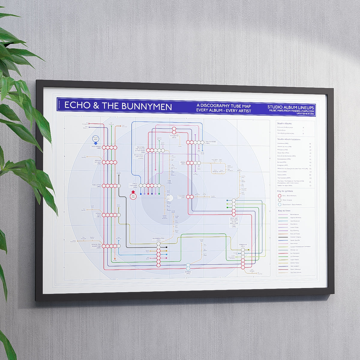 Ideal gift for Echo and the Bunnymen fans - A1 landscape discography map art print, 841 x 594 mm, framed and hung above a living room wall.