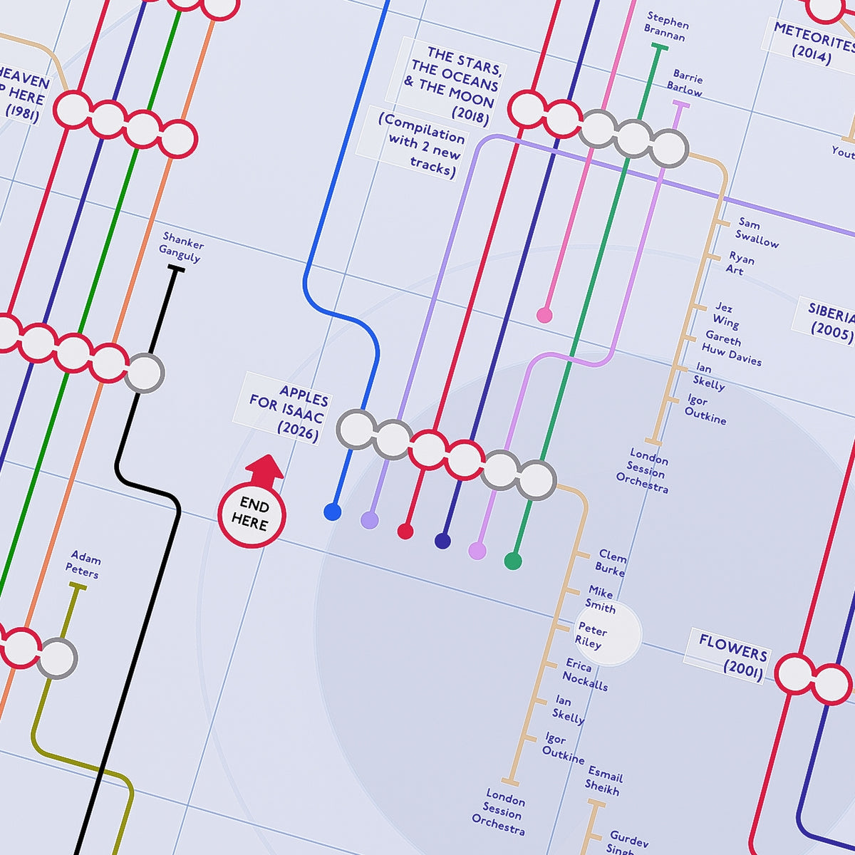 Gift for Echo and the Bunnymen fans - close detail of the print showing branch lines for musicians who appear on only one album.