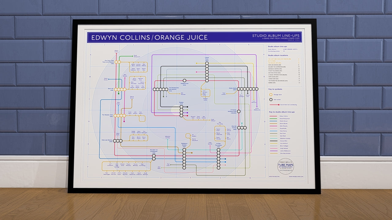 Edwyn Collins discography map art print in colourful tube diagram layout