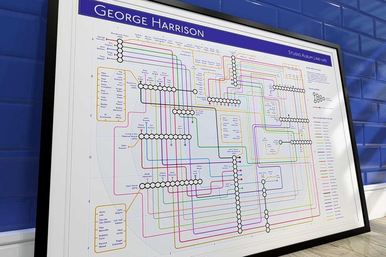 George Harrison solo albums in order music map in A2 landscape unframed, Giclée wall art print from Mike Bell&