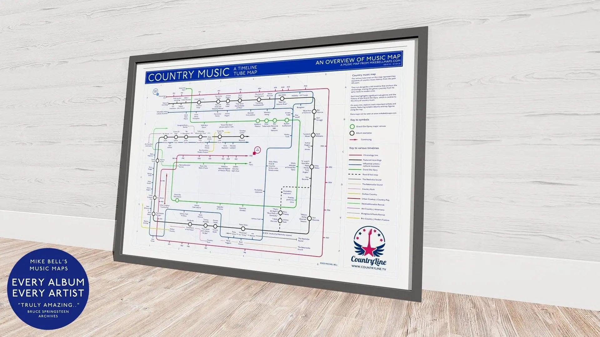 Ideal gift for country music fans - A1 framed History of Country Music genre map hung on a feature wall, showing every major artist and movement across roughly a century of recorded country music, designed by Mike Bell at mikebellmaps.com and commissioned by CountryLine Radio for Country to Country 2025.