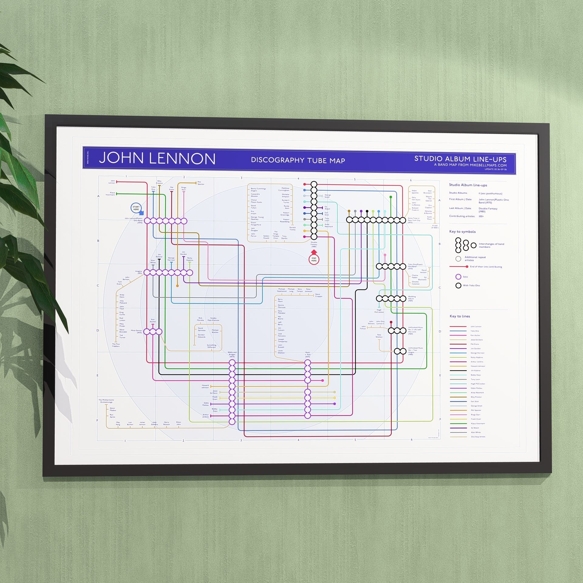 Ideal gift for John Lennon fans - A1 framed Giclée discography tube map hung on a feature wall, showing every solo studio album in order, designed by Mike Bell at mikebellmaps.com.