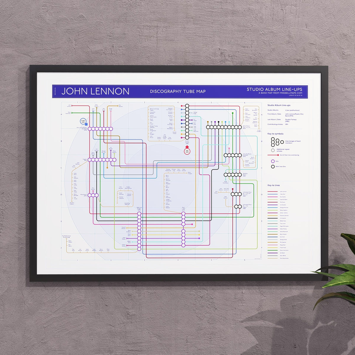 John Lennon discography tube map in A2 size, framed Giclée wall art print, designed by Mike Bell.