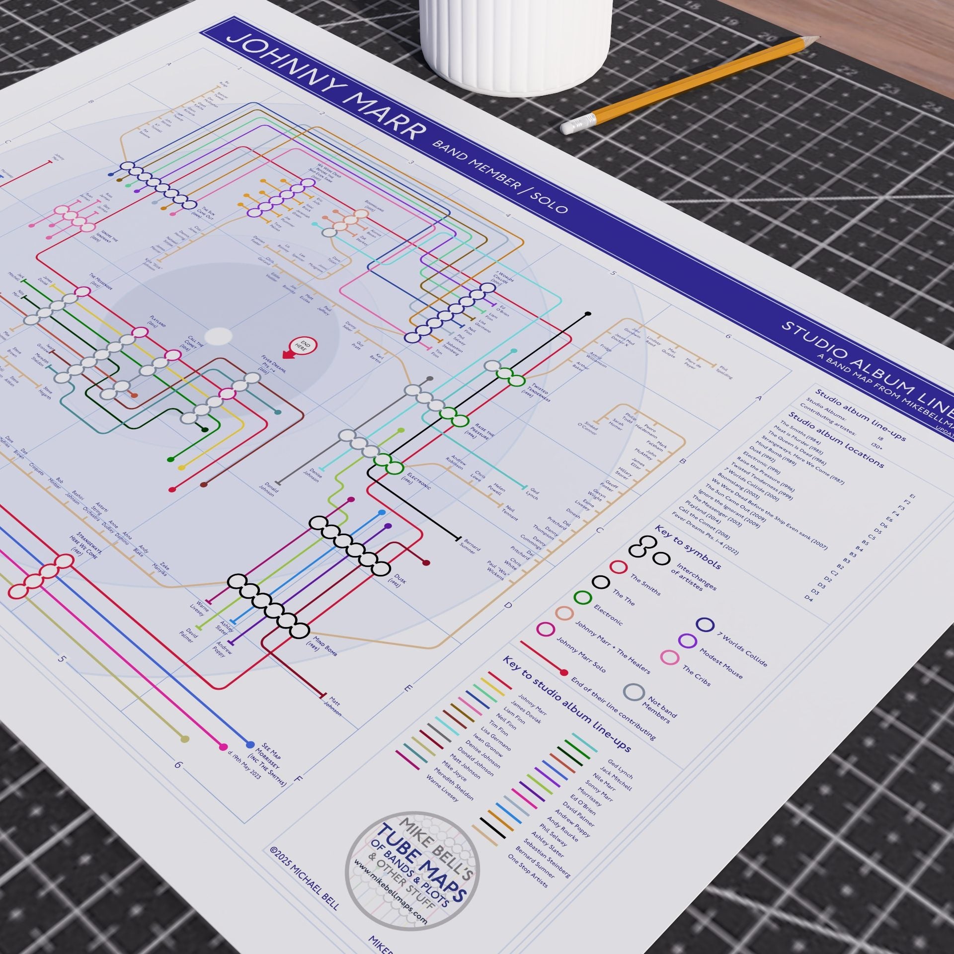 Johnny Marr discography tube map in A2 (420x594mm, 18x24in) unframed, Giclée art print showing every studio album as a station on the line, by Mike Bell.