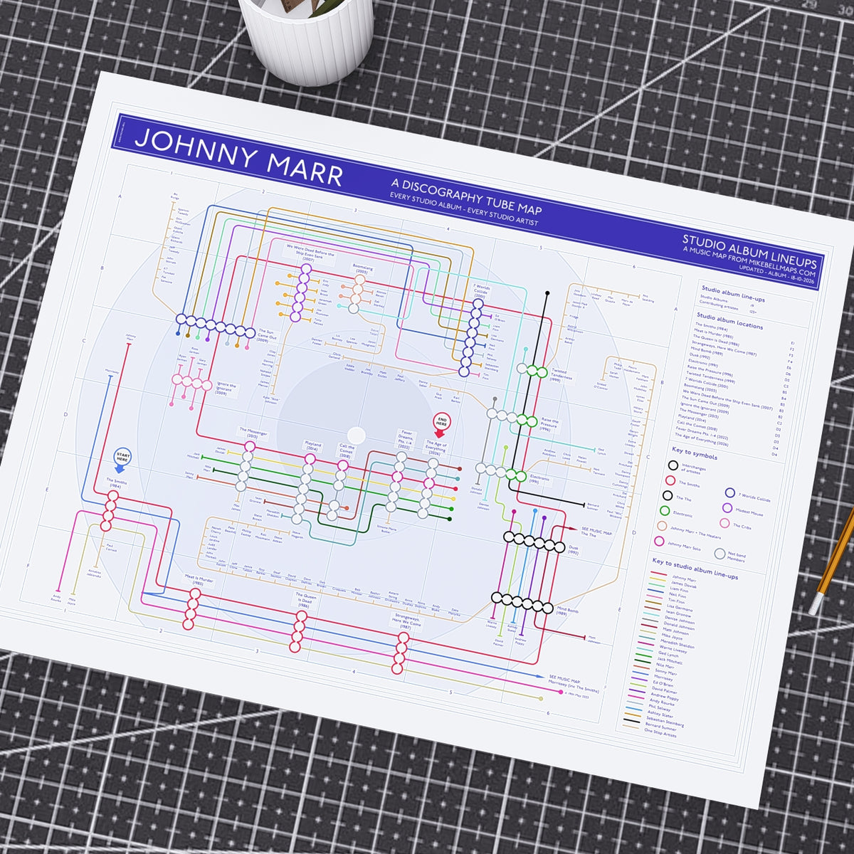 Johnny Marr discography tube map in A2 (594 x 420 mm) unframed, Giclée art print showing each studio album as a station on the line, by Mike Bell.