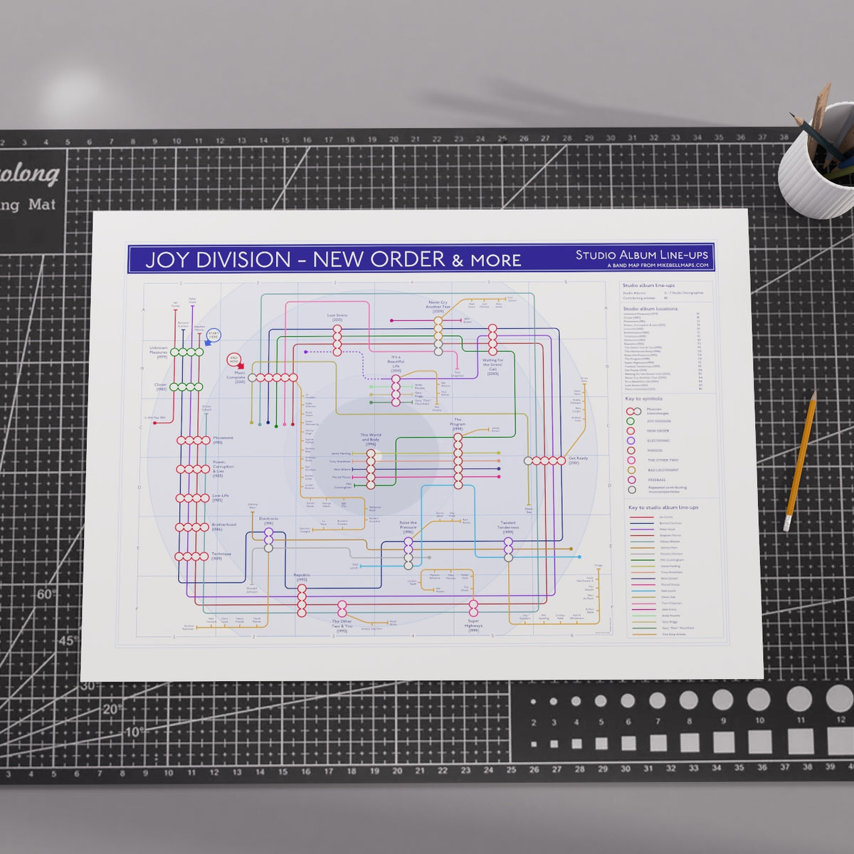 Ideal gift for Joy Division and New Order fans - the combined discography tube map, landscape Giclée wall art print showing both bands as a single interconnected network with Ian Curtis&