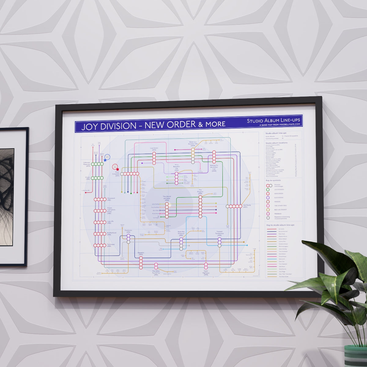 Joy Division and New Order combined discography tube map in A2 size, framed Giclée wall art print in a handmade Italian solid wood frame by Mike Bell.