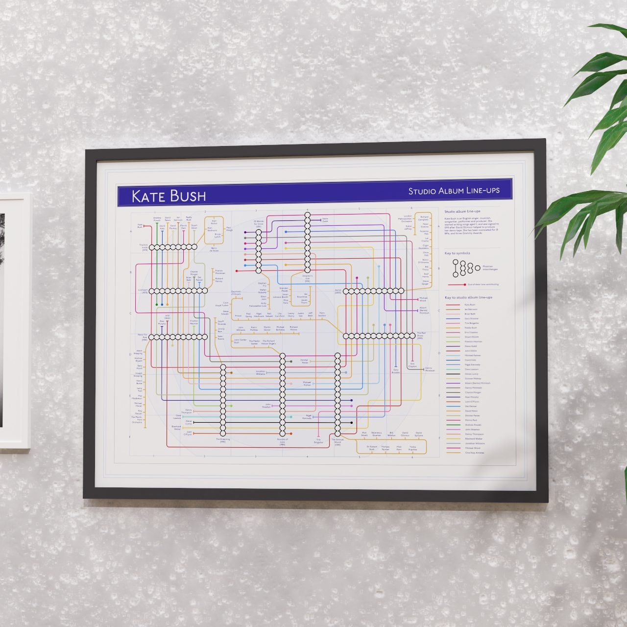 Kate Bush discography map in 24x18in, framed Giclée wall art print sized for US framing, designed by Mike Bell.