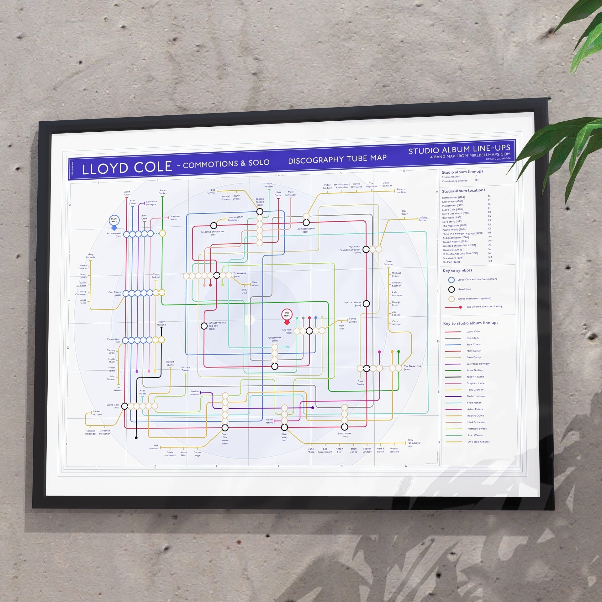 Gift for Lloyd Cole fans - 24x18in (A2 equivalent) framed Giclée discography tube map wall art print, designed by Mike Bell.