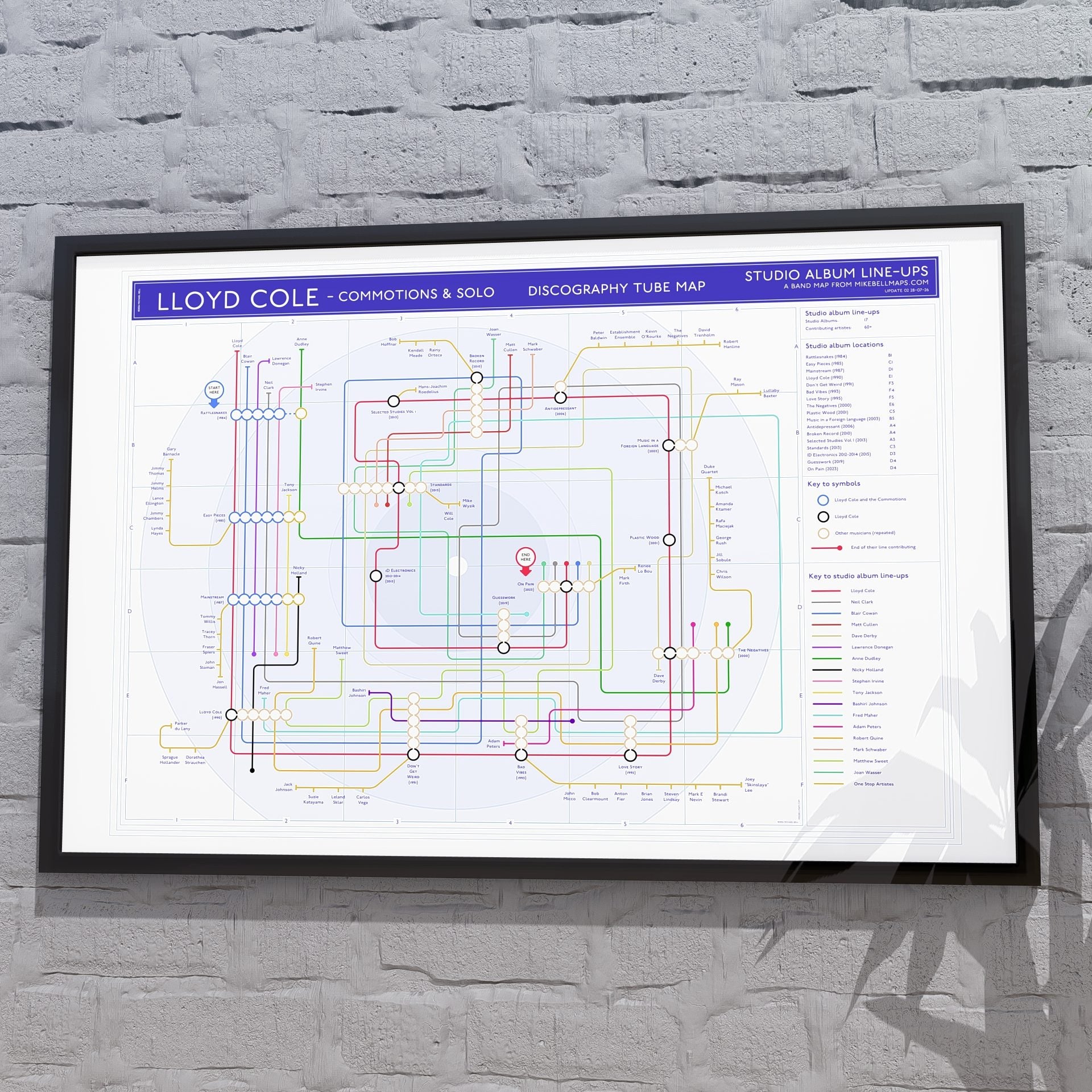 Gift for Lloyd Cole fans - 36x24in (A1 equivalent) framed Giclée discography tube map wall art print, designed by Mike Bell.