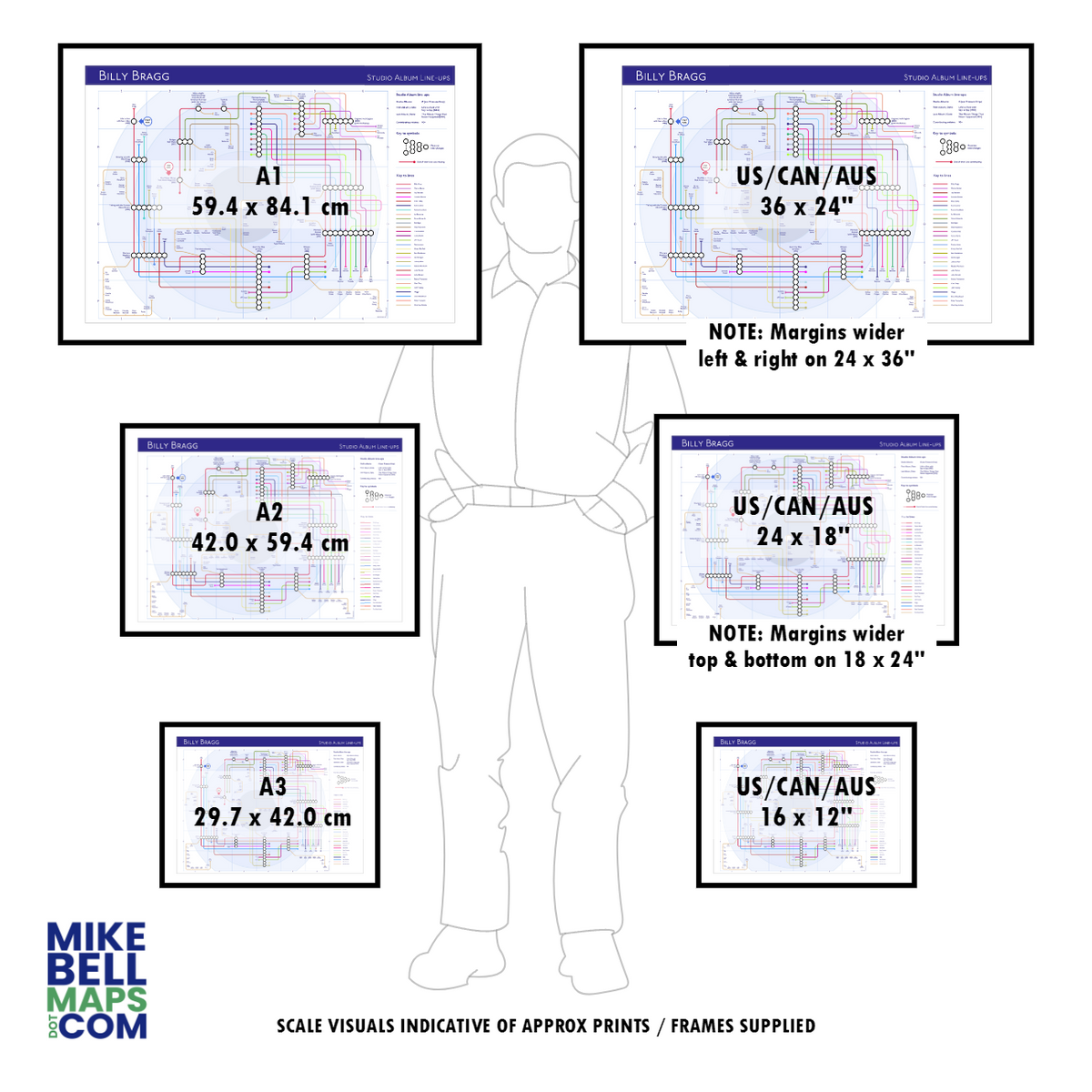 Music tube map art print gift for fans by Mike Bell - wall art sizes and frame options compared on a wall.