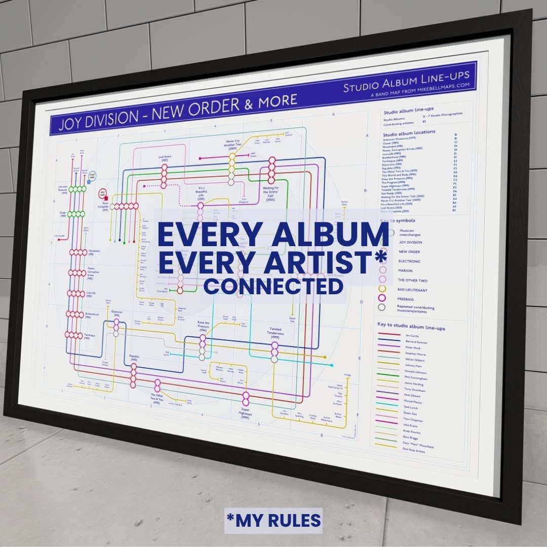 Joy Division and New Order discography tube map wall art print teaser, ideal gift for fans of Joy Division and New Order, designed by Mike Bell.