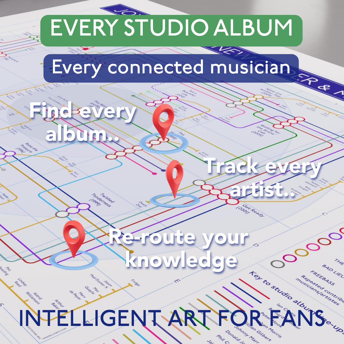 Tube Map art print gift about music albums and artists on a white background by Mike bell maps