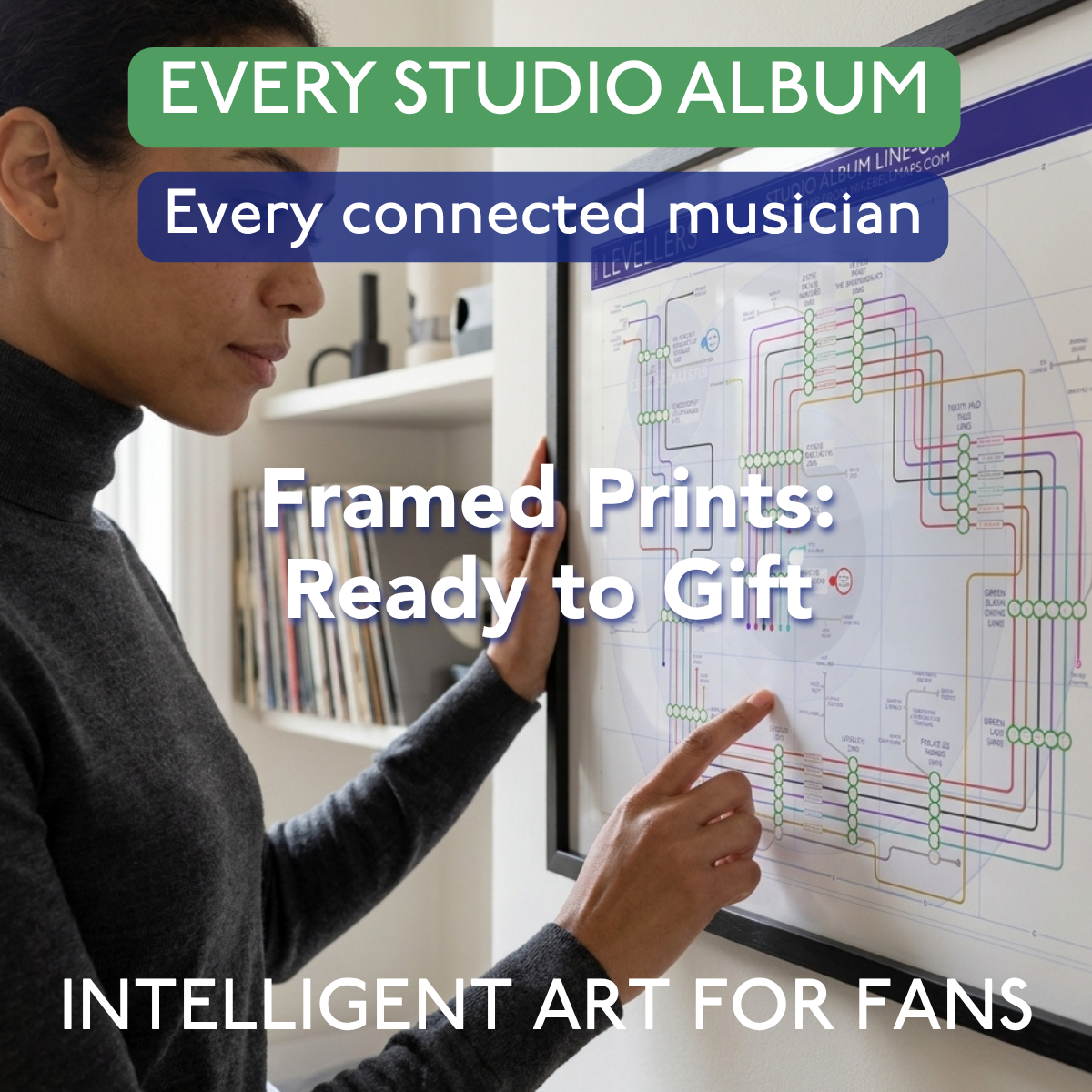 Tube Map art print gift about music albums and artists framed on wall by Mike bell maps