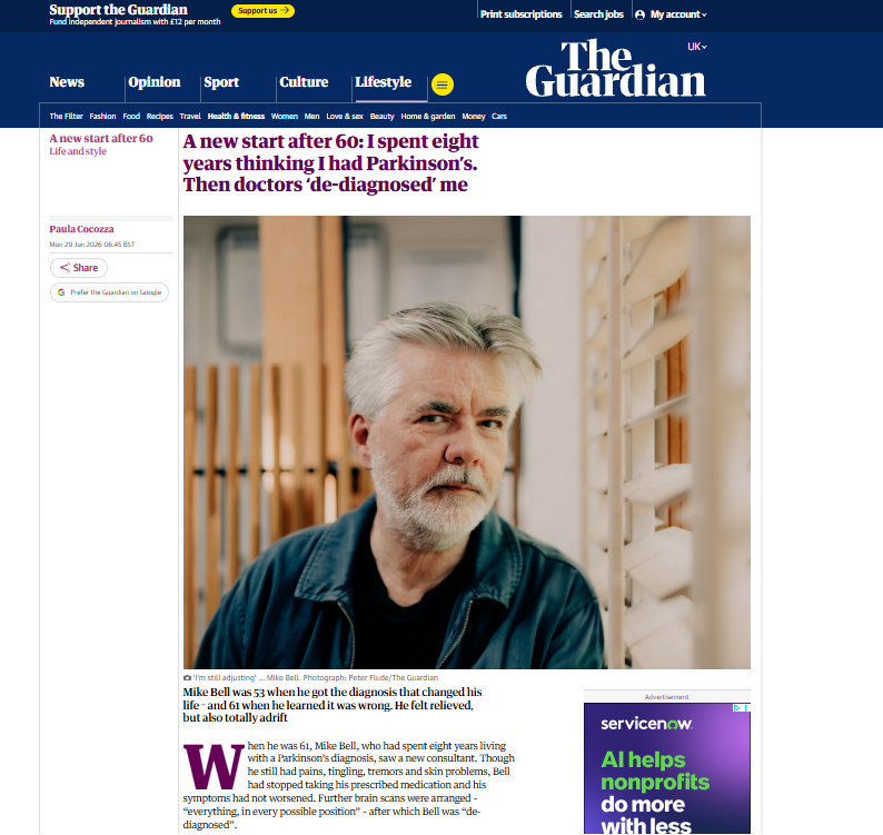 The Guardian newspaper website with a article about Mike Bell's experience with Parkinson's disease and tube map design of music maps.