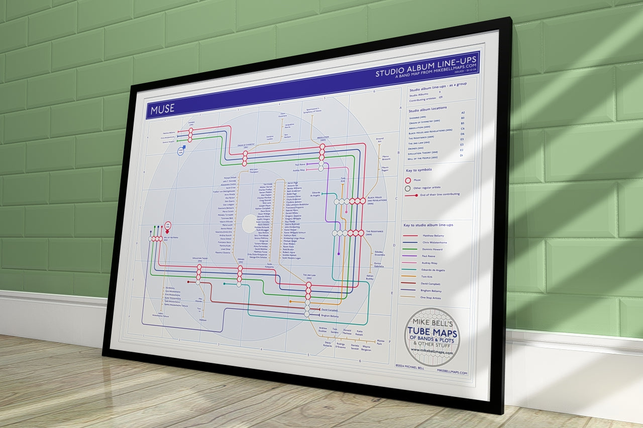 Muse unique art print, featuring a music map design for fans of records and gigs.